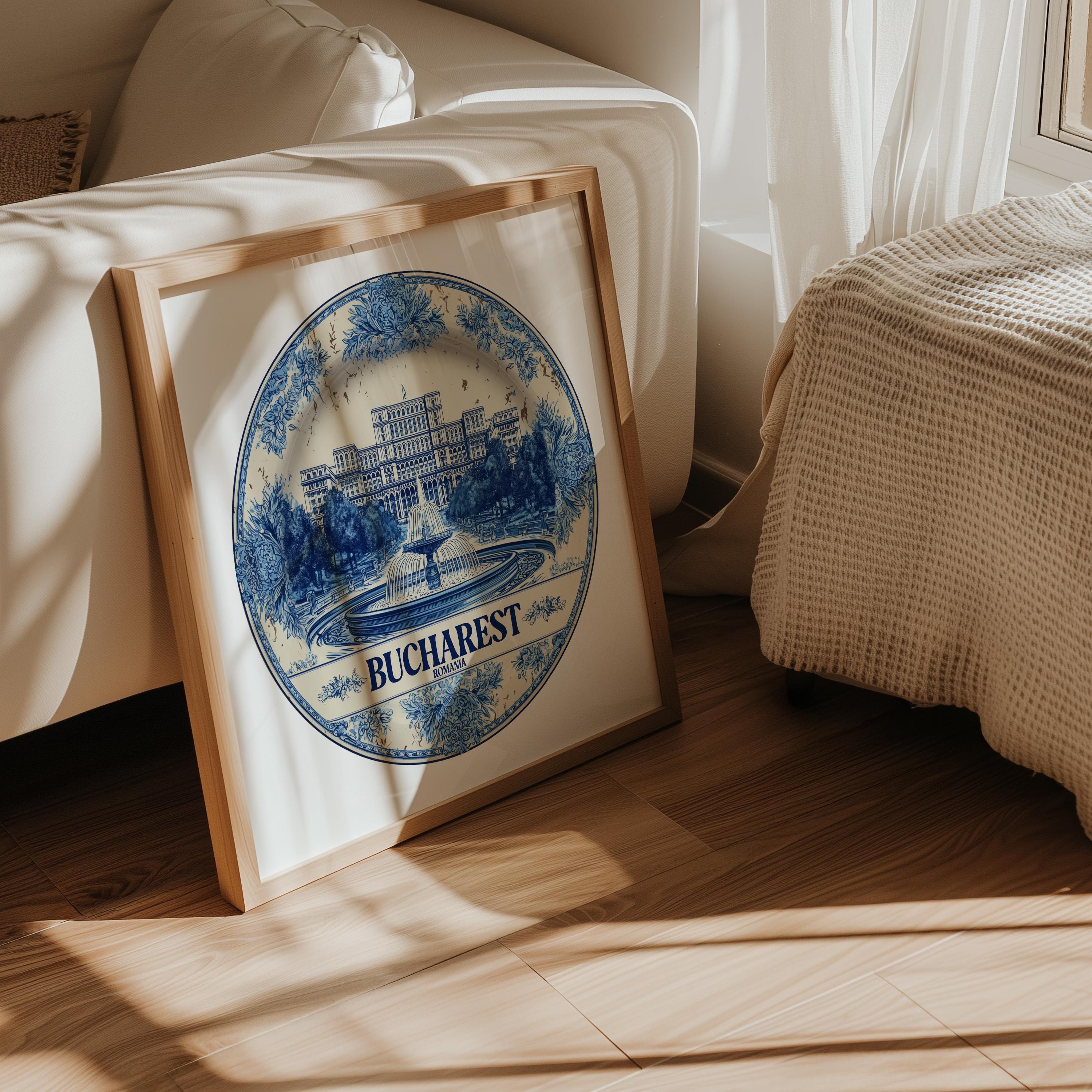 Bucharest Romania Wall Art, Vintage Delft Blue Poster, City Print, Travel Home Decor