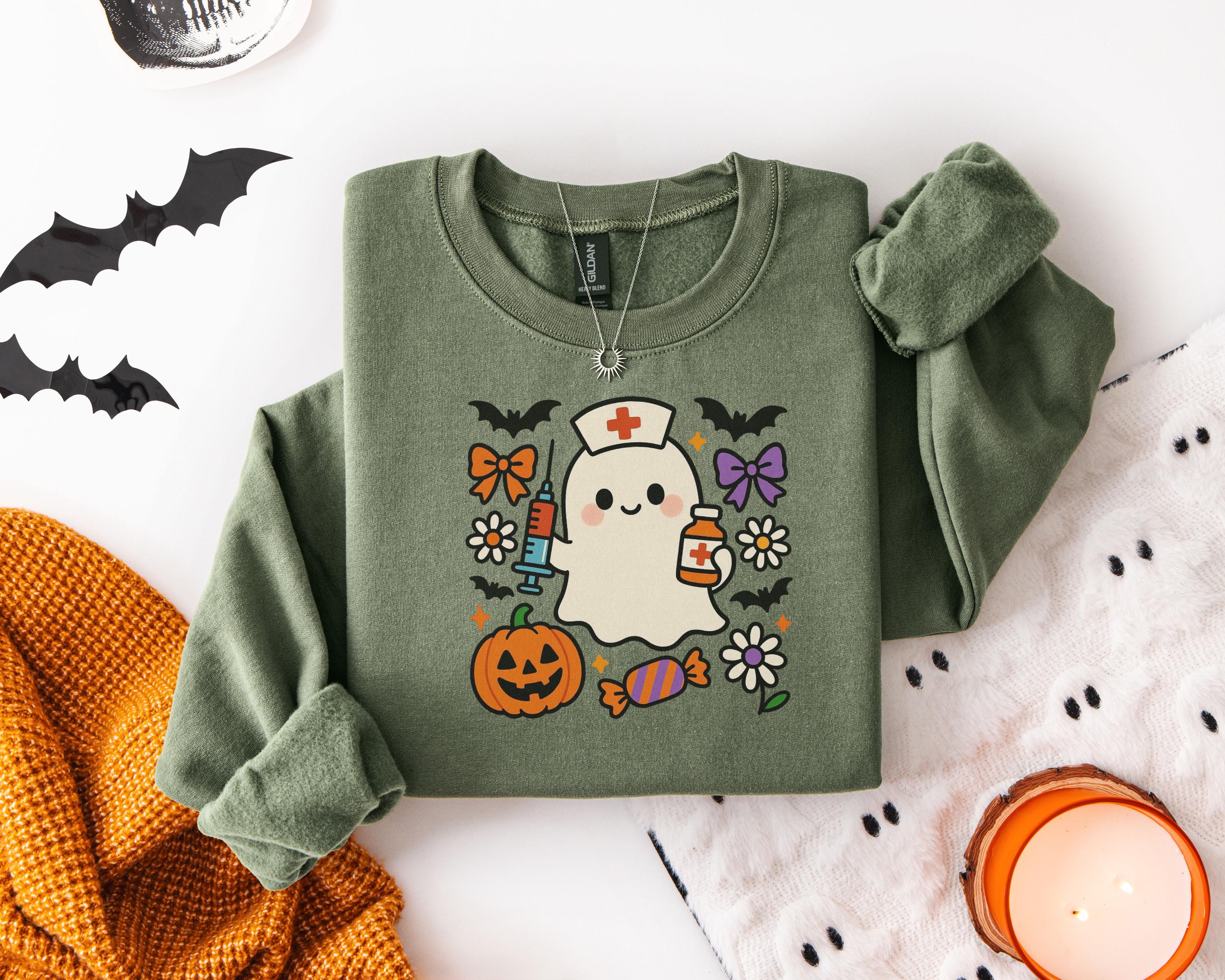 Kawaii Ghost Nurse Halloween Shirt, Cute Fall Nurse Sweatshirt, Night Shift RN Top, Comfort Colors Halloween Gift for Nurse