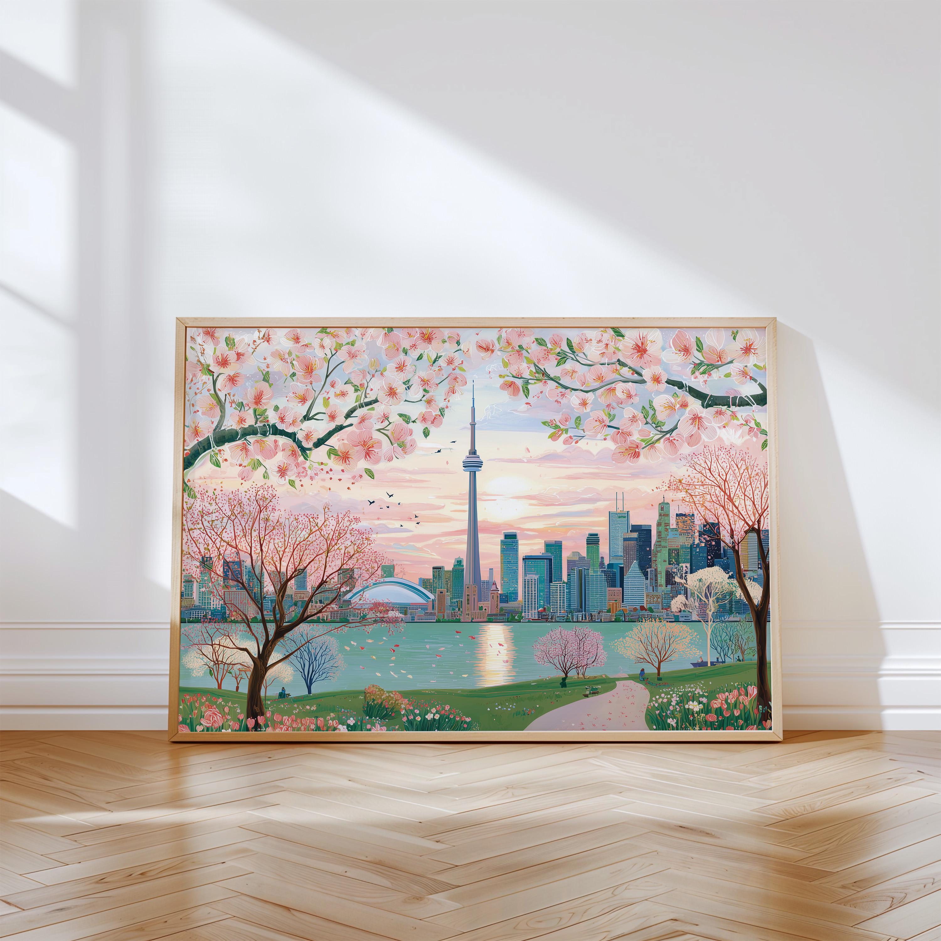 Toronto Spring Wall Art, Cherry Blossom Floral Canada Travel Gift Decor Large Print Painting