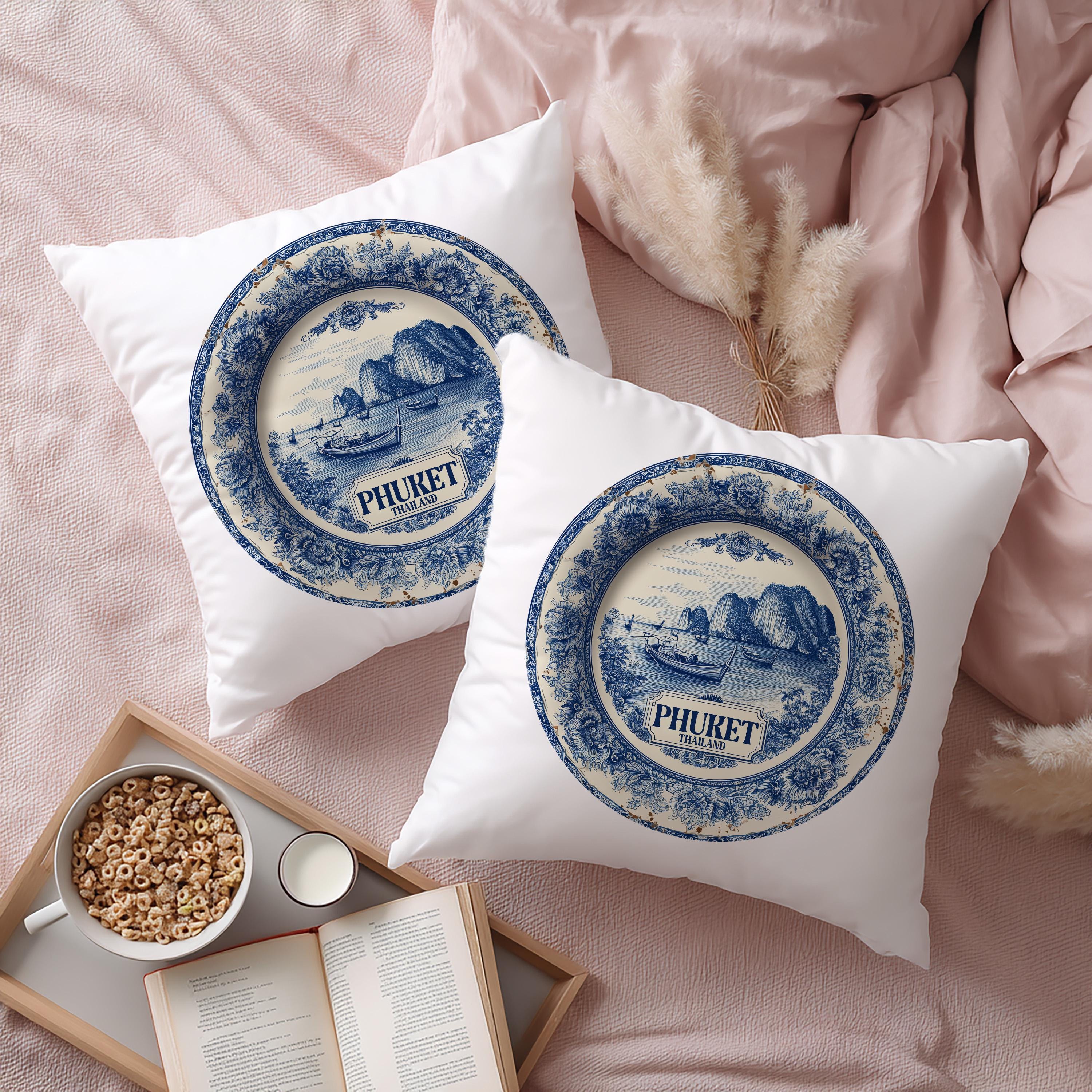 Phuket Thailand Pillowcase, Delft Style Decorative Throw Pillow, Vintage Cityscape Retro Home Decor