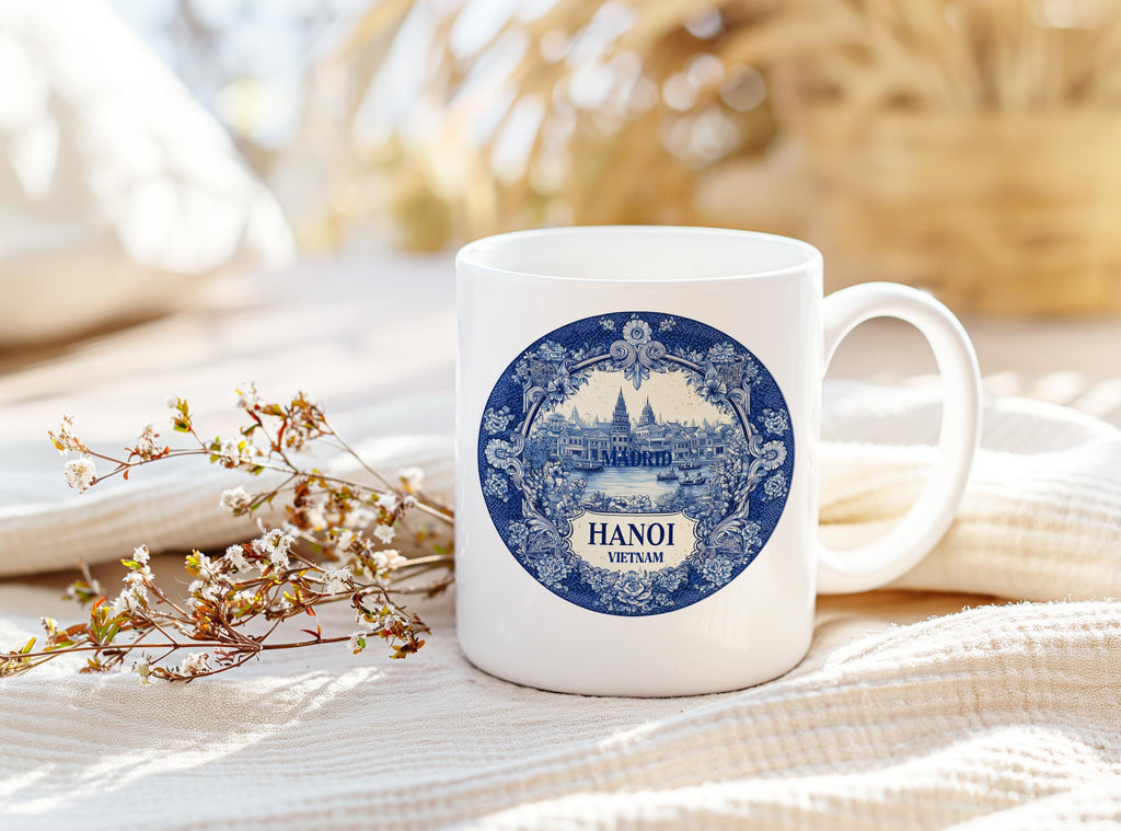 Hanoi Vietnam Mug, Custom Delft Style cup, Personalized Vintage Travel City Gift