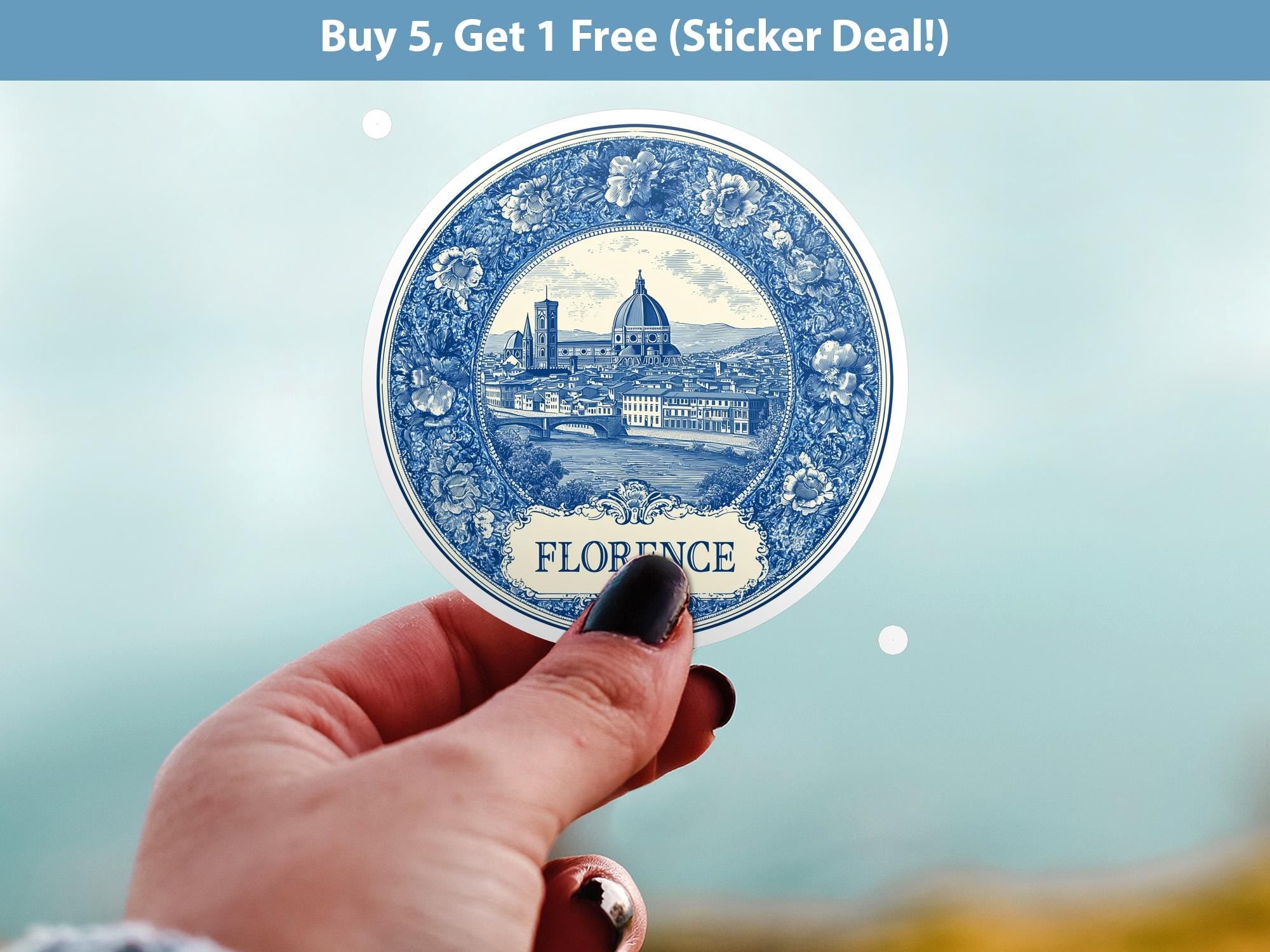 Florence Italy Sticker Vintage Delft style, Delftware Decal Waterproof Vinyl, Blue City Travel