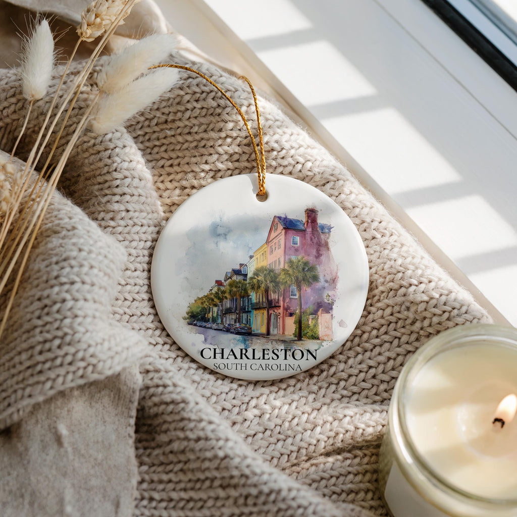 Charleston South Carolina Personalized Watercolor Ornament, Custom Ceramic Christmas gift, Travel Keepsake