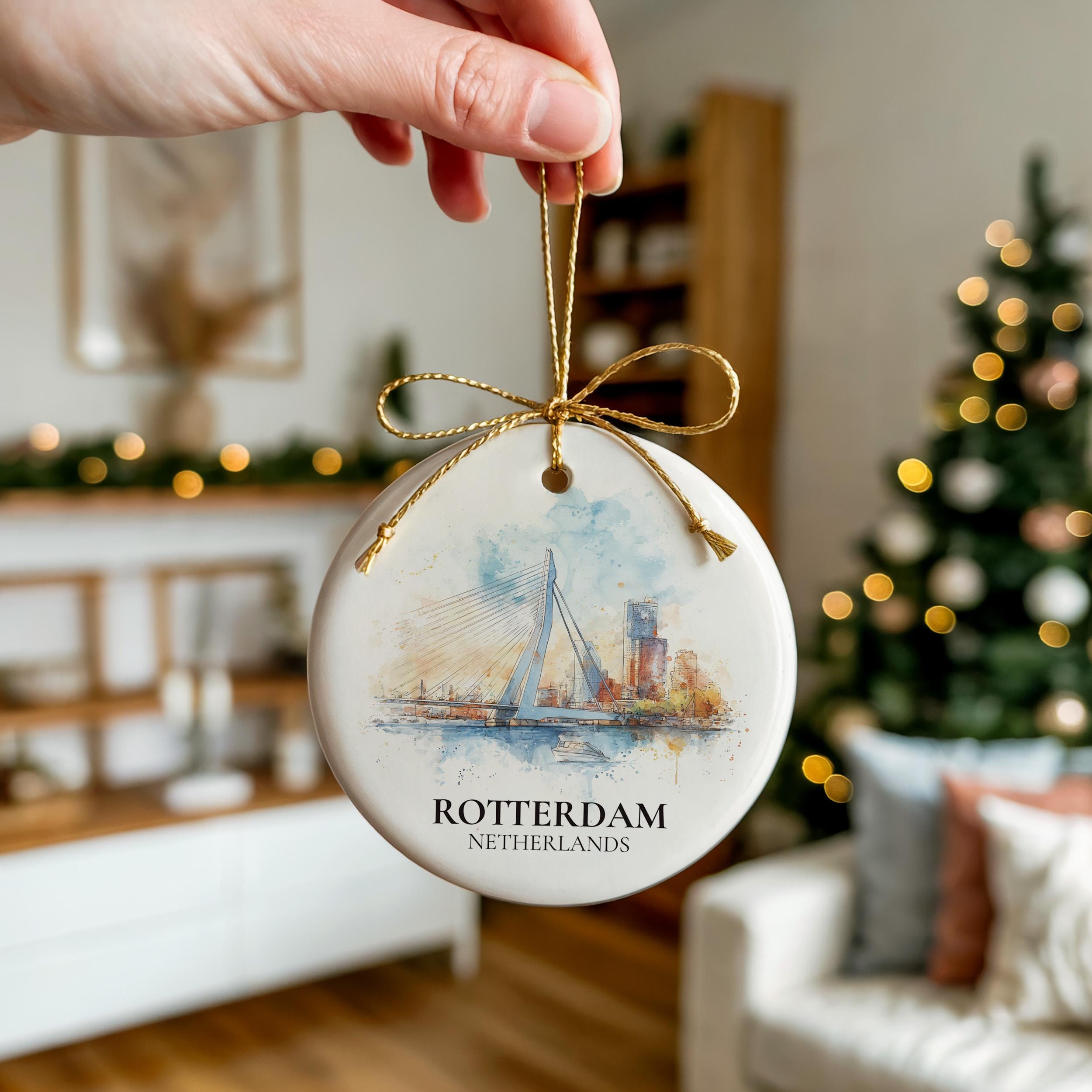 Rotterdam Netherlands Personalized Watercolor Ornament, Custom Ceramic Christmas gift, Travel Keepsake
