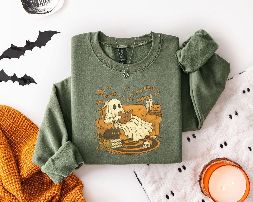 Ghost Book Reader Halloween Sweatshirt: Cozy Spooky Season Gift for book lovers