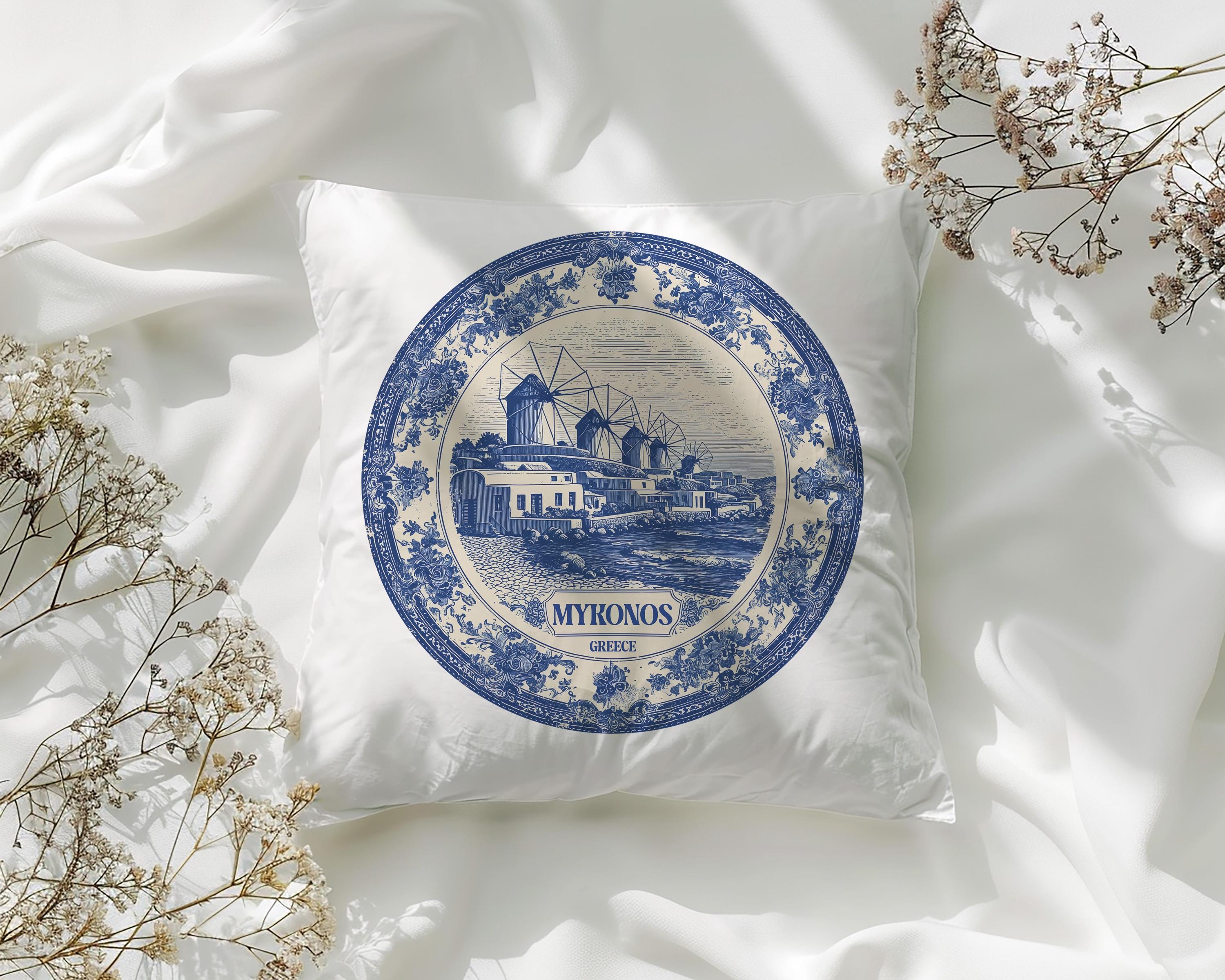 Mykonos Greece Pillowcase, Delft Style Decorative Throw Pillow, Vintage Cityscape Retro Home Decor