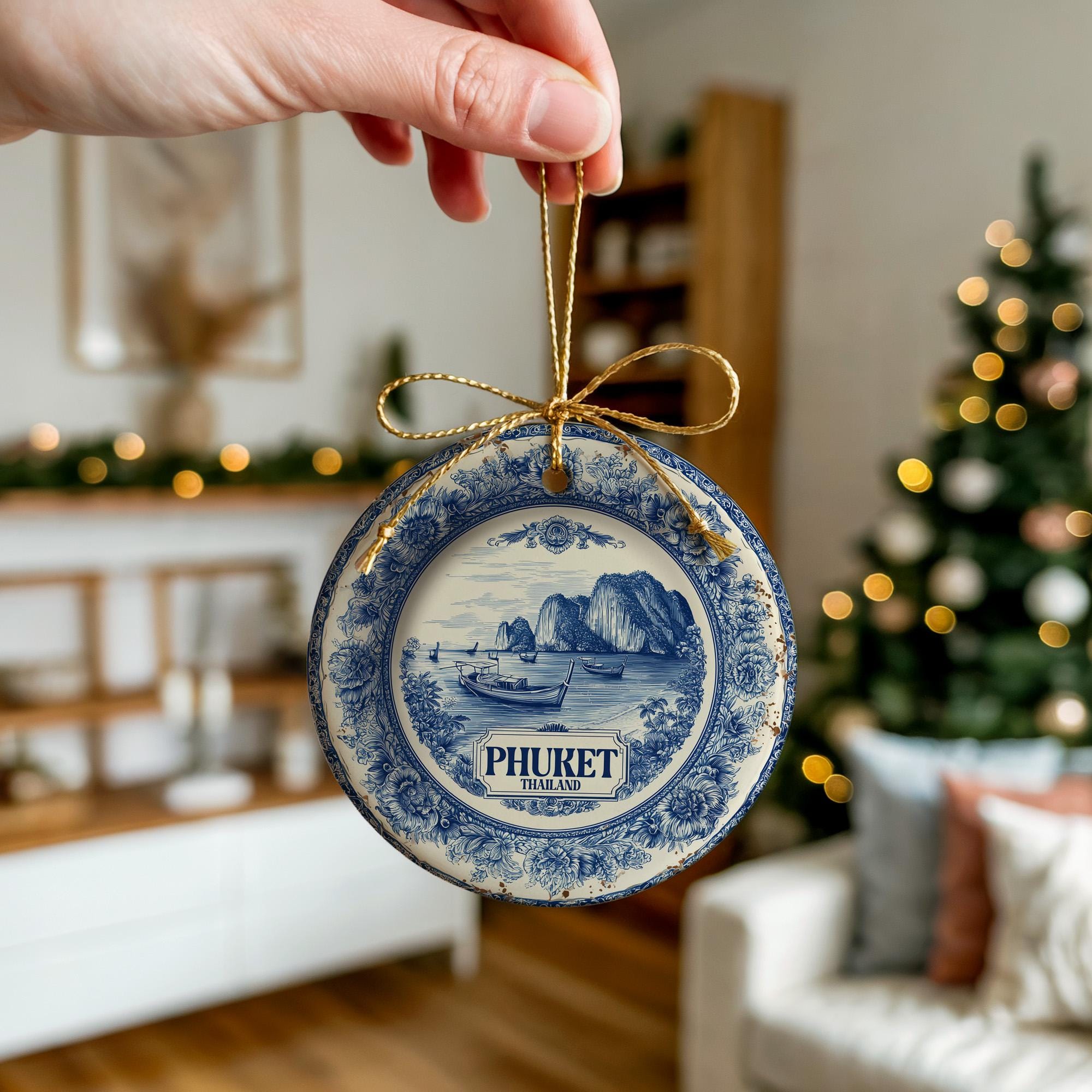 Custom Phuket Thailand Ceramic Delft Ornament, Christmas Delftware Blue Delftware city travel