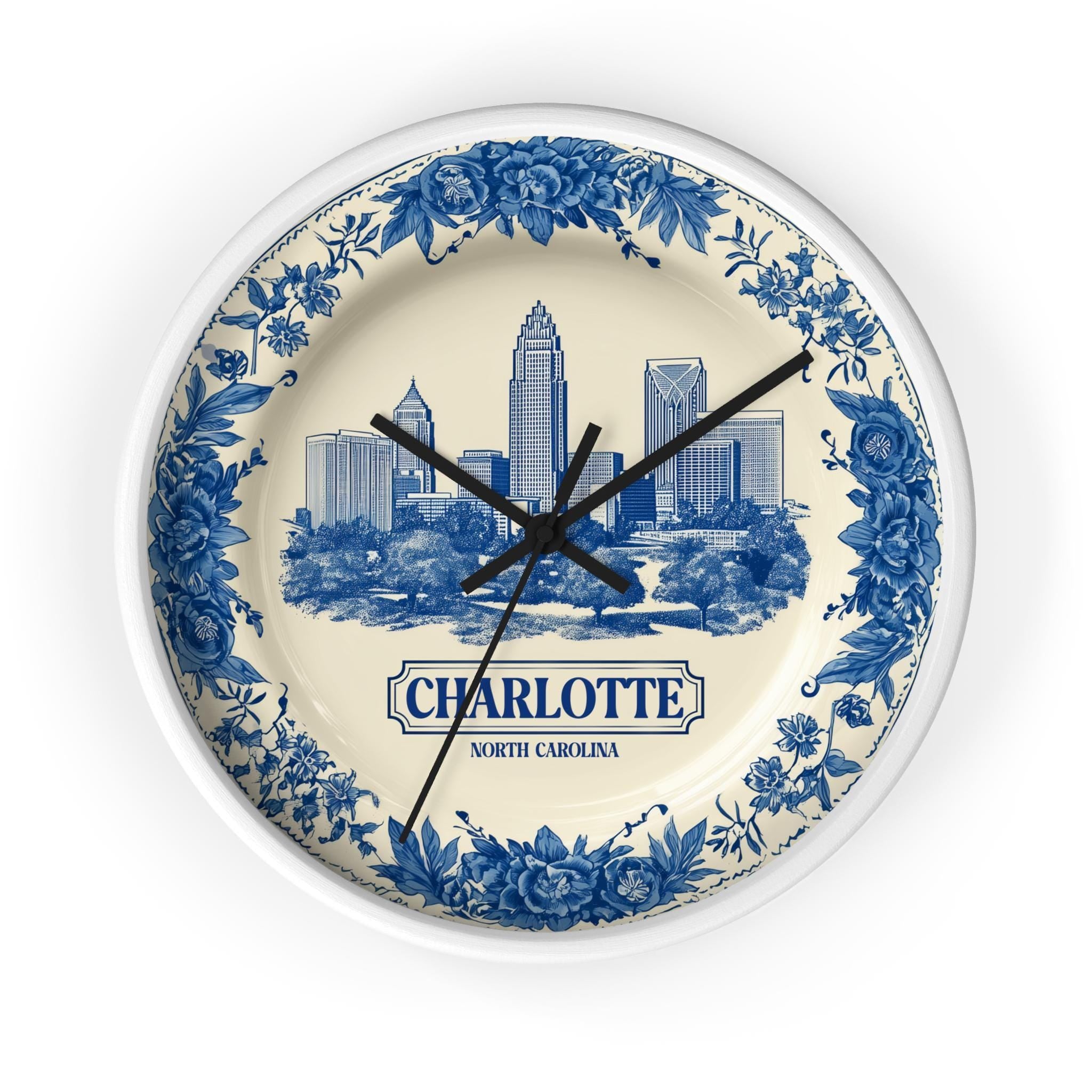 Charlotte North Carolina Wall Clock, Delf style Home Decor, Vintage City Travel Keepsake Art