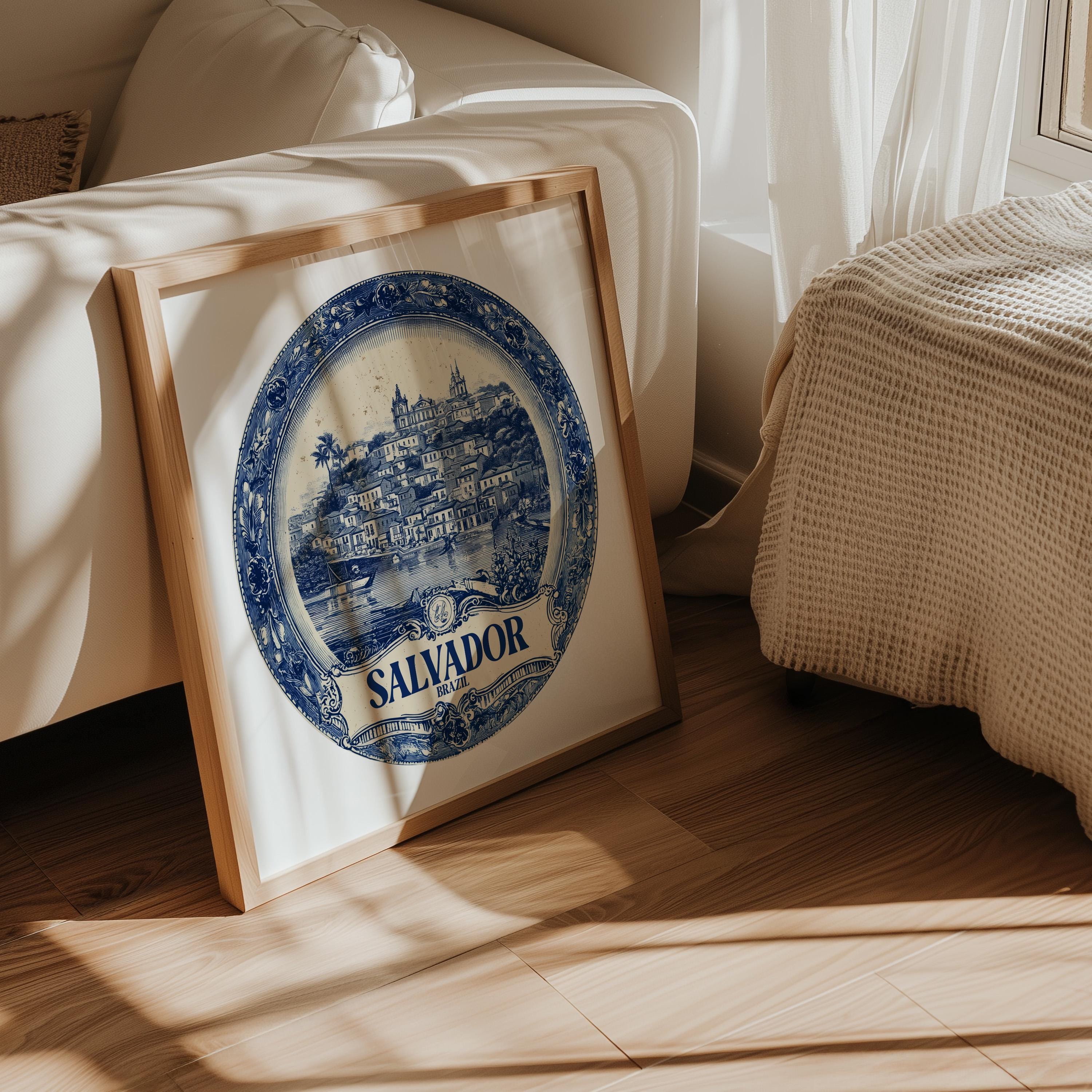 Salvador Brazil Wall Art, Vintage Delft Blue Poster, City Print, Travel Home Decor