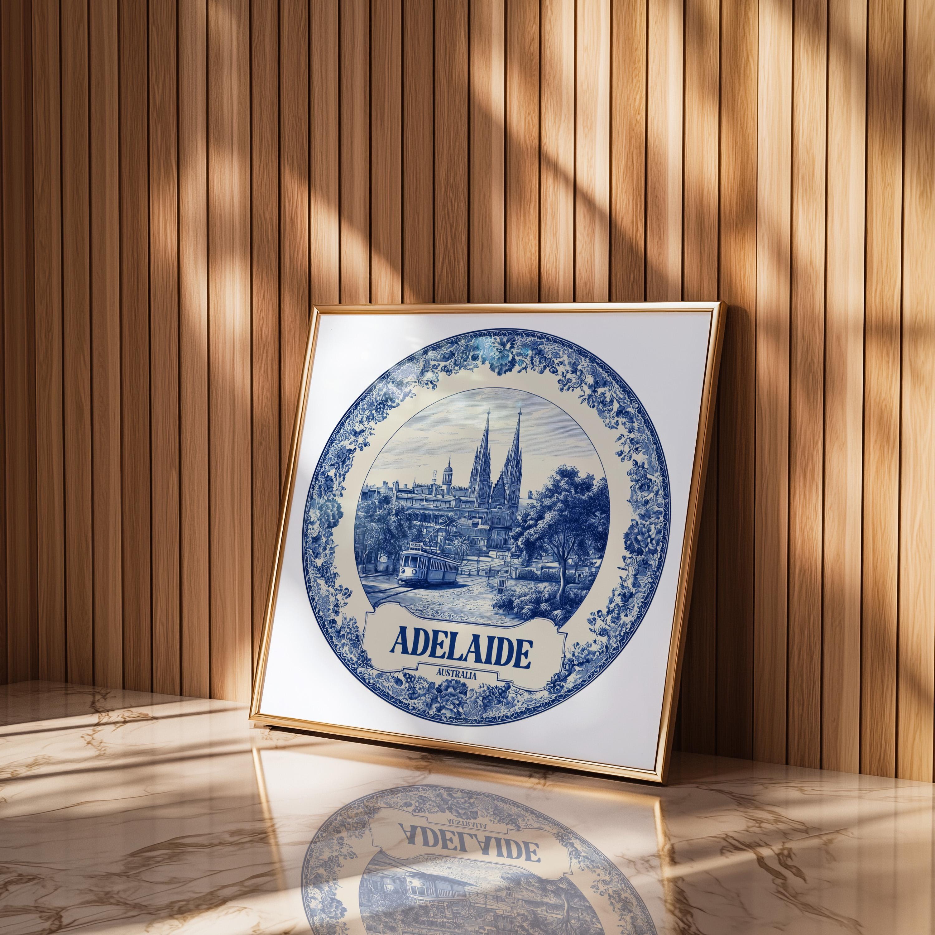Adelaide Australia Wall Art, Vintage Delft Blue Poster, City Print, Travel Home Decor