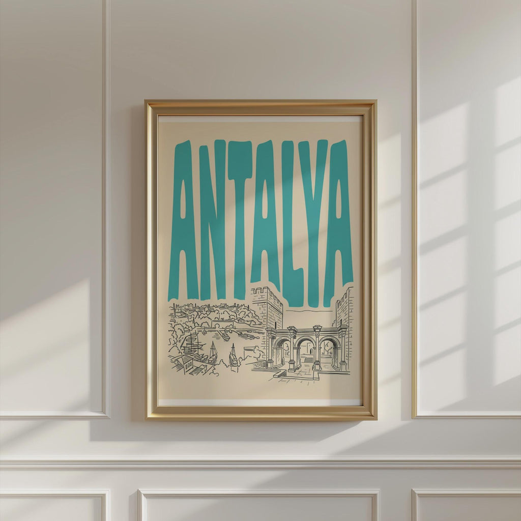 Antalya Turkey Wall Art, Retro Travel Poster, Framed Canvas Print