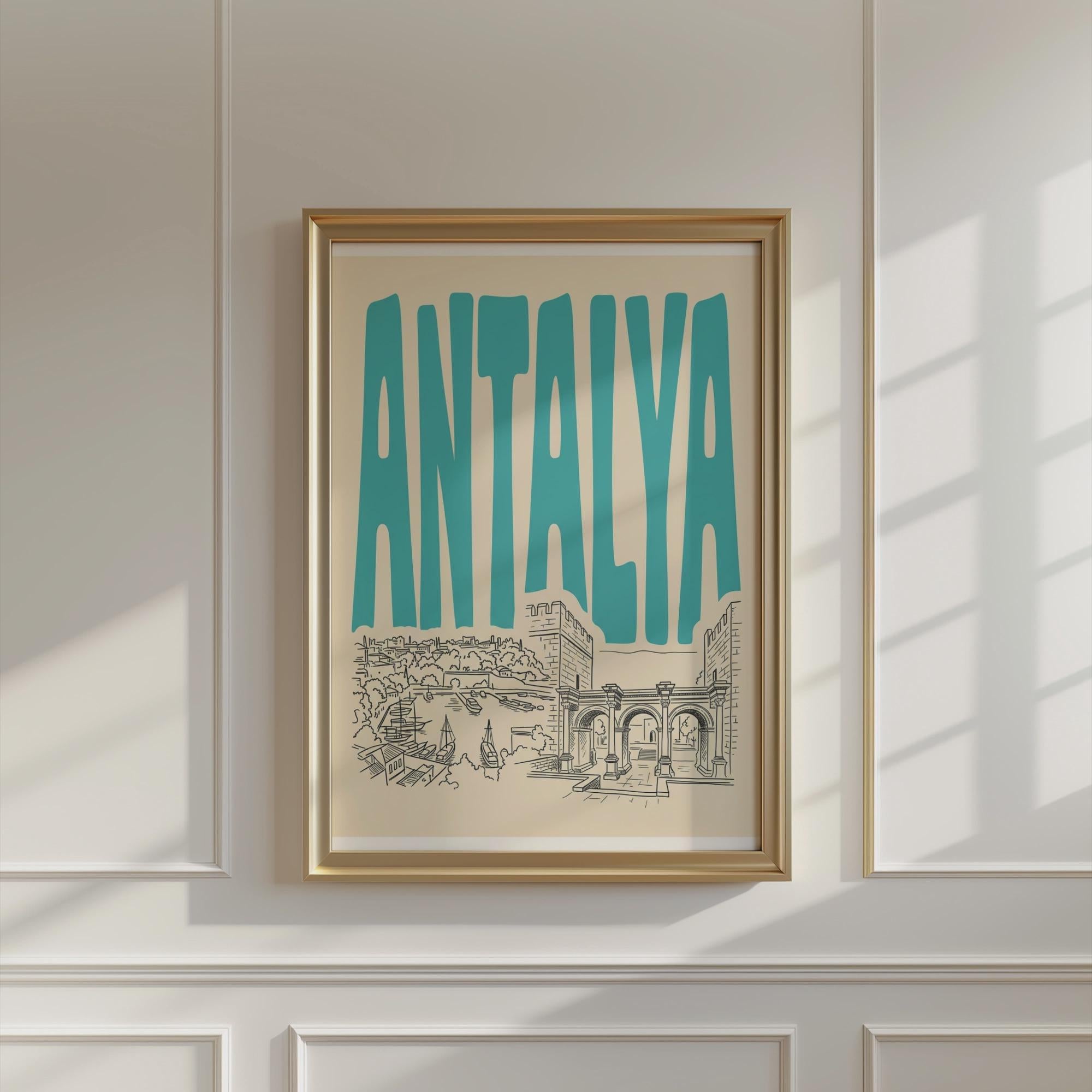 Antalya Turkey Wall Art, Retro Travel Poster, Framed Canvas Print
