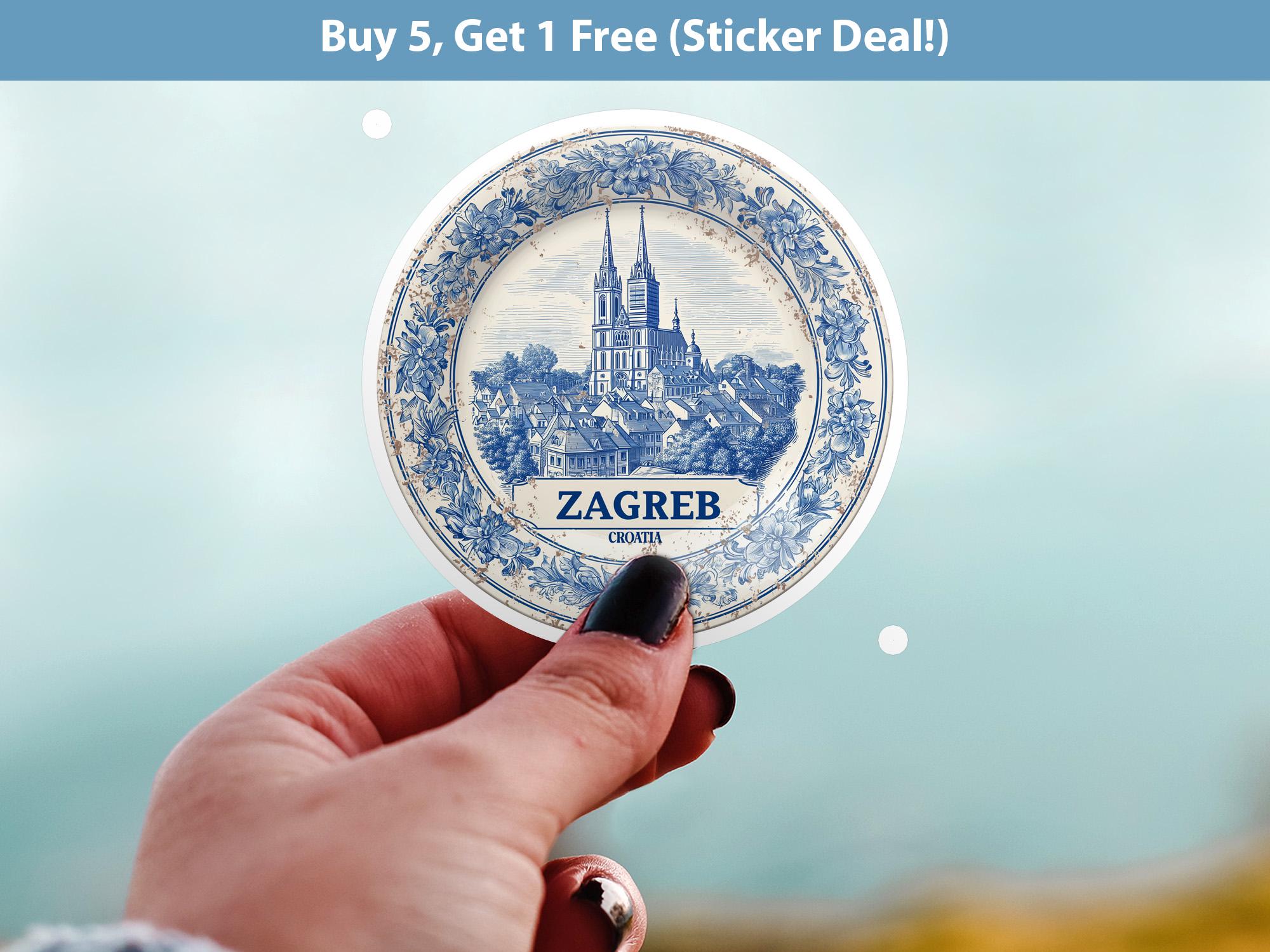 Zagreb Croatia Sticker Vintage Delft style, Delftware Decal Waterproof Vinyl, Blue City Travel