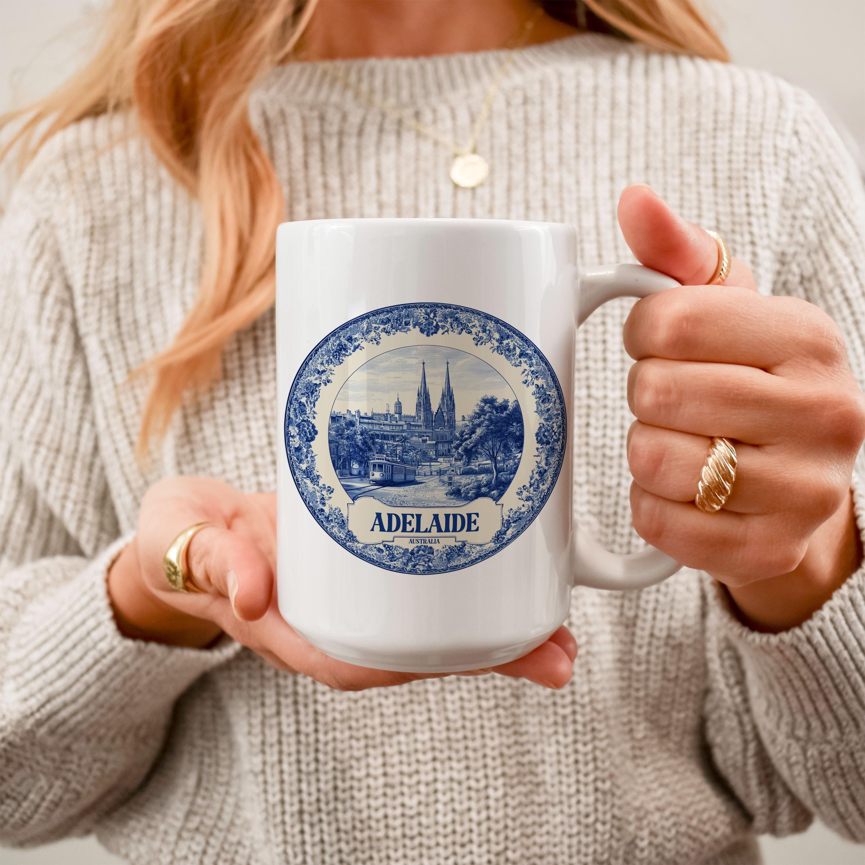 Adelaide Australia Mug, Custom Delft Style cup, Personalized Vintage Travel City Gift