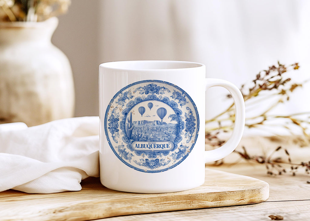 Albuquerque New Mexico Mug, Custom Delft Style cup, Personalized Vintage Travel City Gift