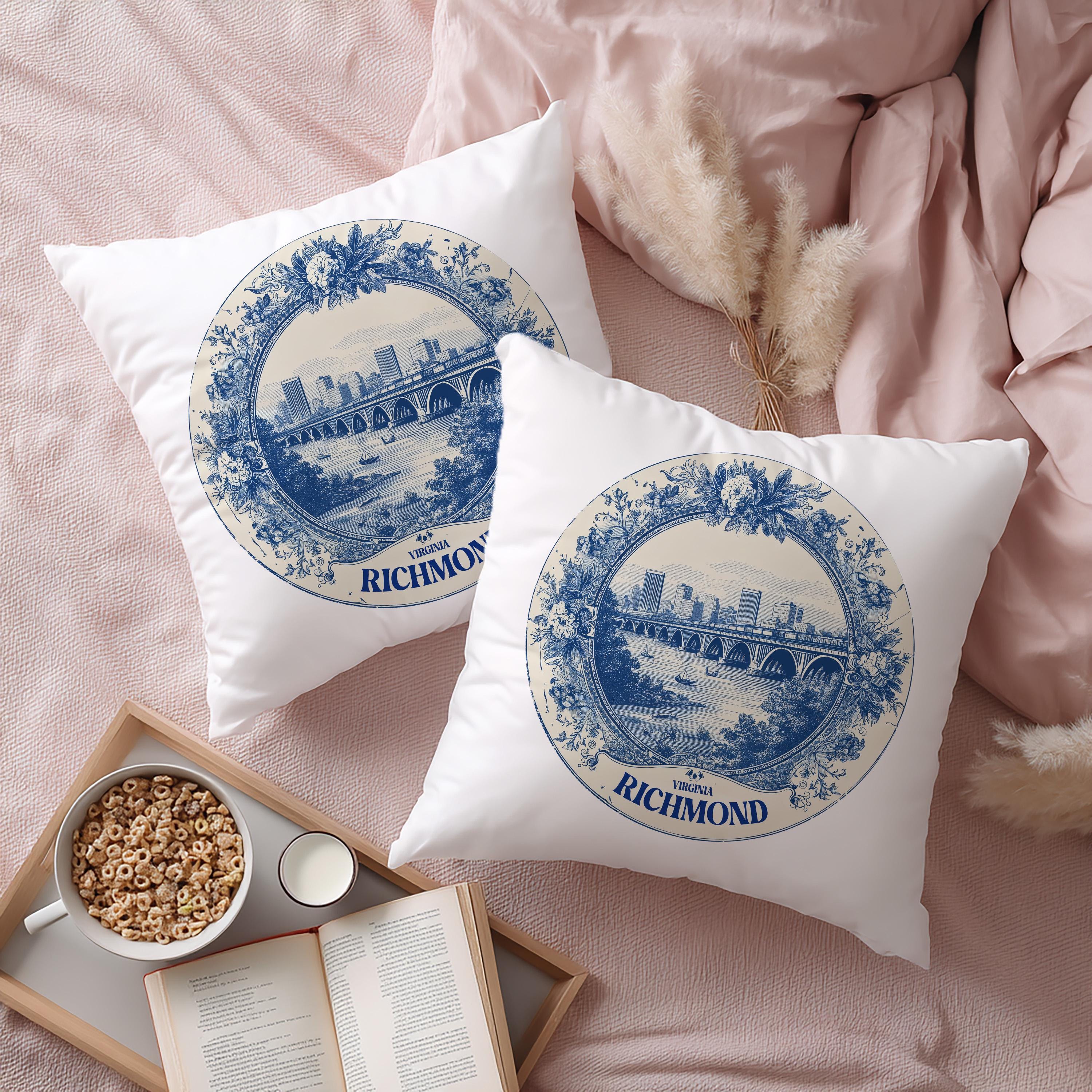 Richmond Virginia Pillowcase, Delft Style Decorative Throw Pillow, Vintage Cityscape Retro Home Decor