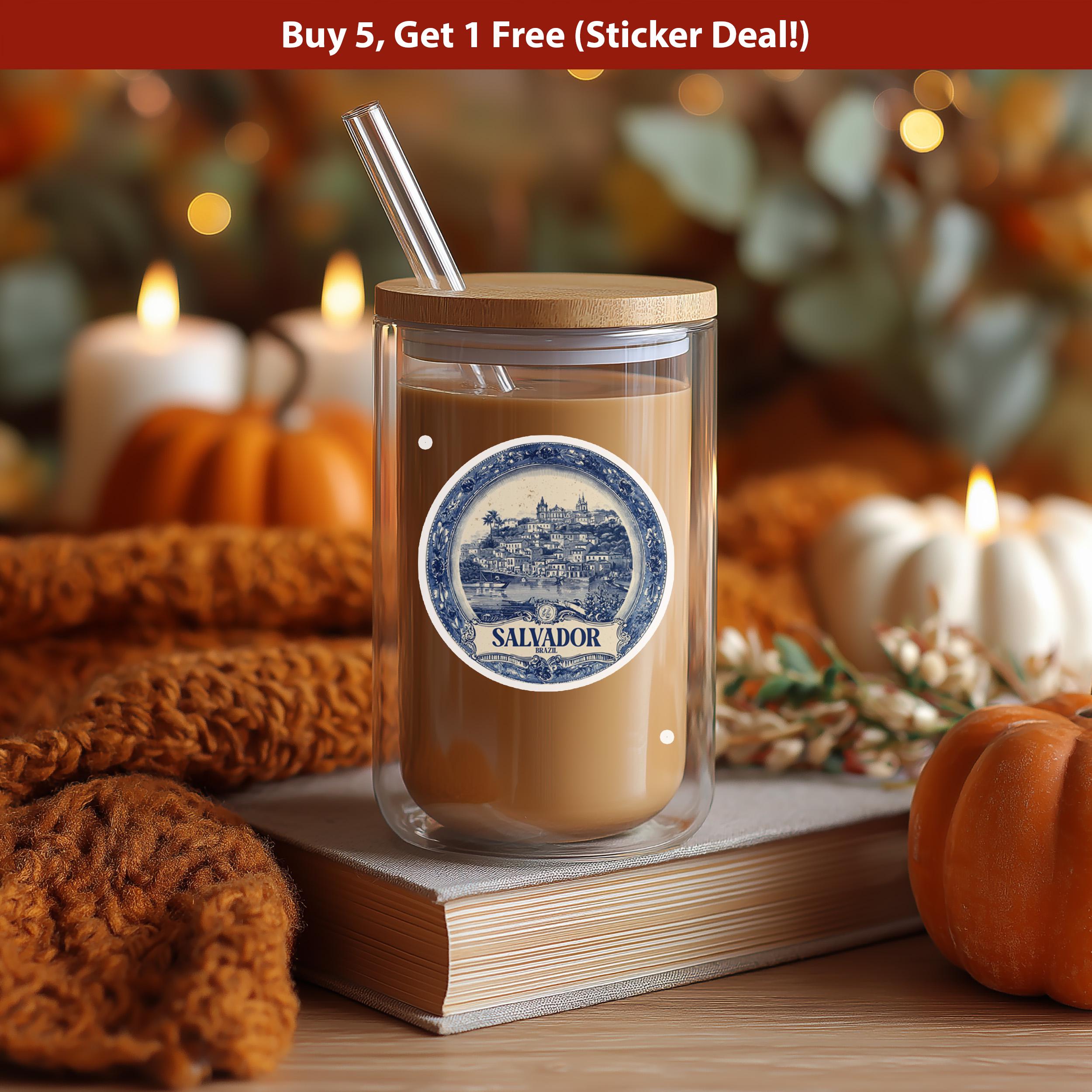 Salvador Brazil Sticker Vintage Delft style, Delftware Decal Waterproof Vinyl, Blue City Travel