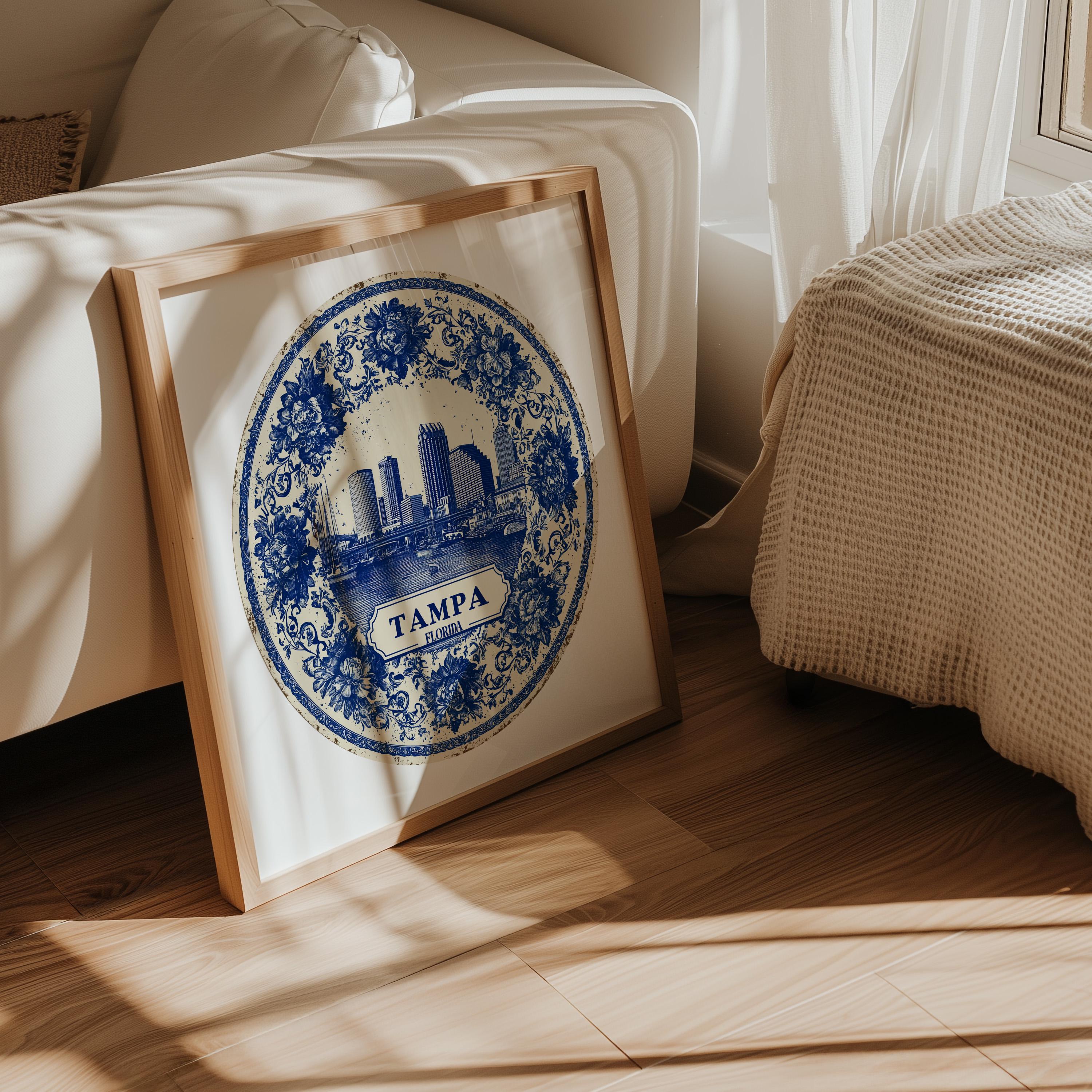 Tampa Florida Wall Art, Vintage Delft Blue Poster, City Print, Travel Home Decor