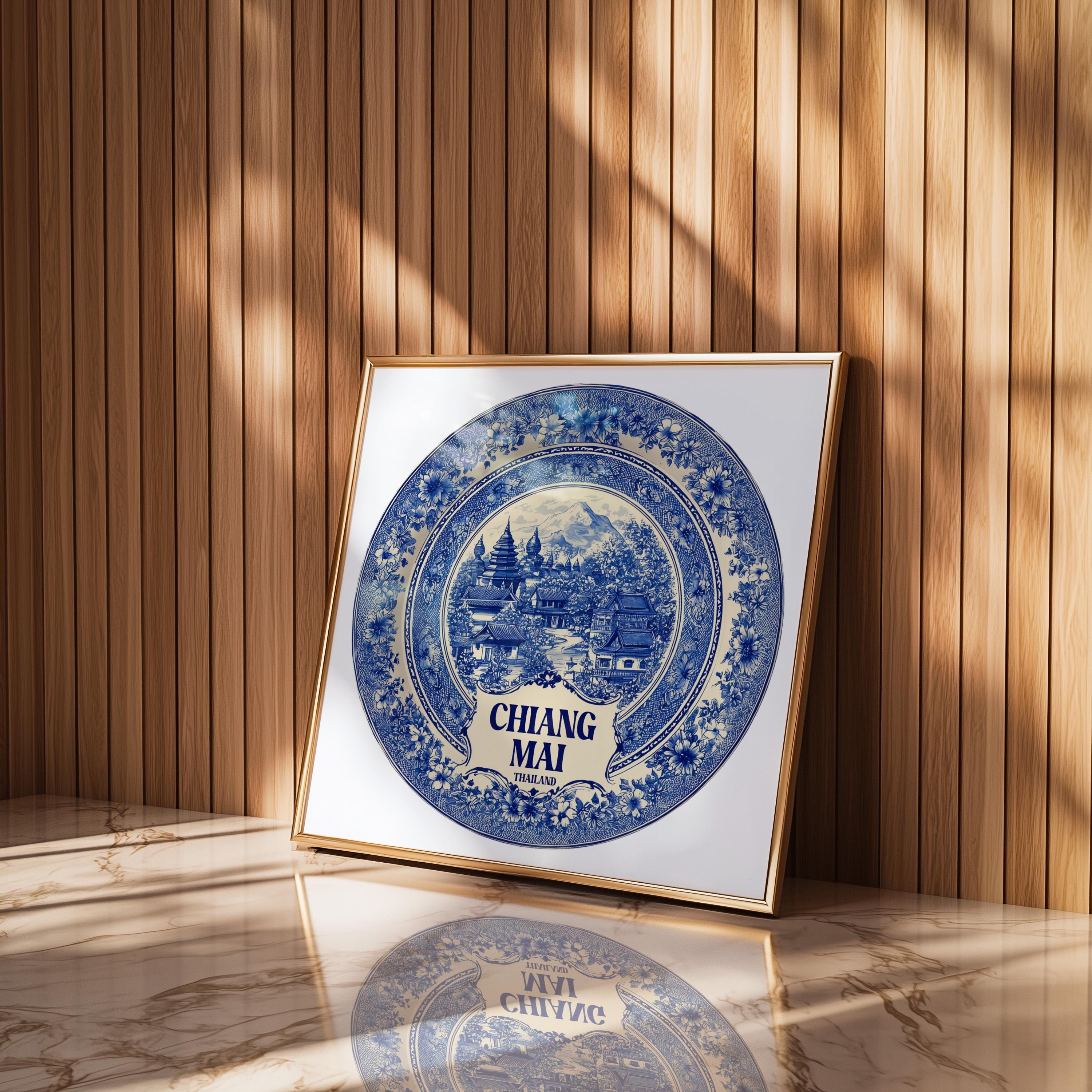 Chiang Mai Thailand Wall Art, Vintage Delft Blue Poster, City Print, Travel Home Decor