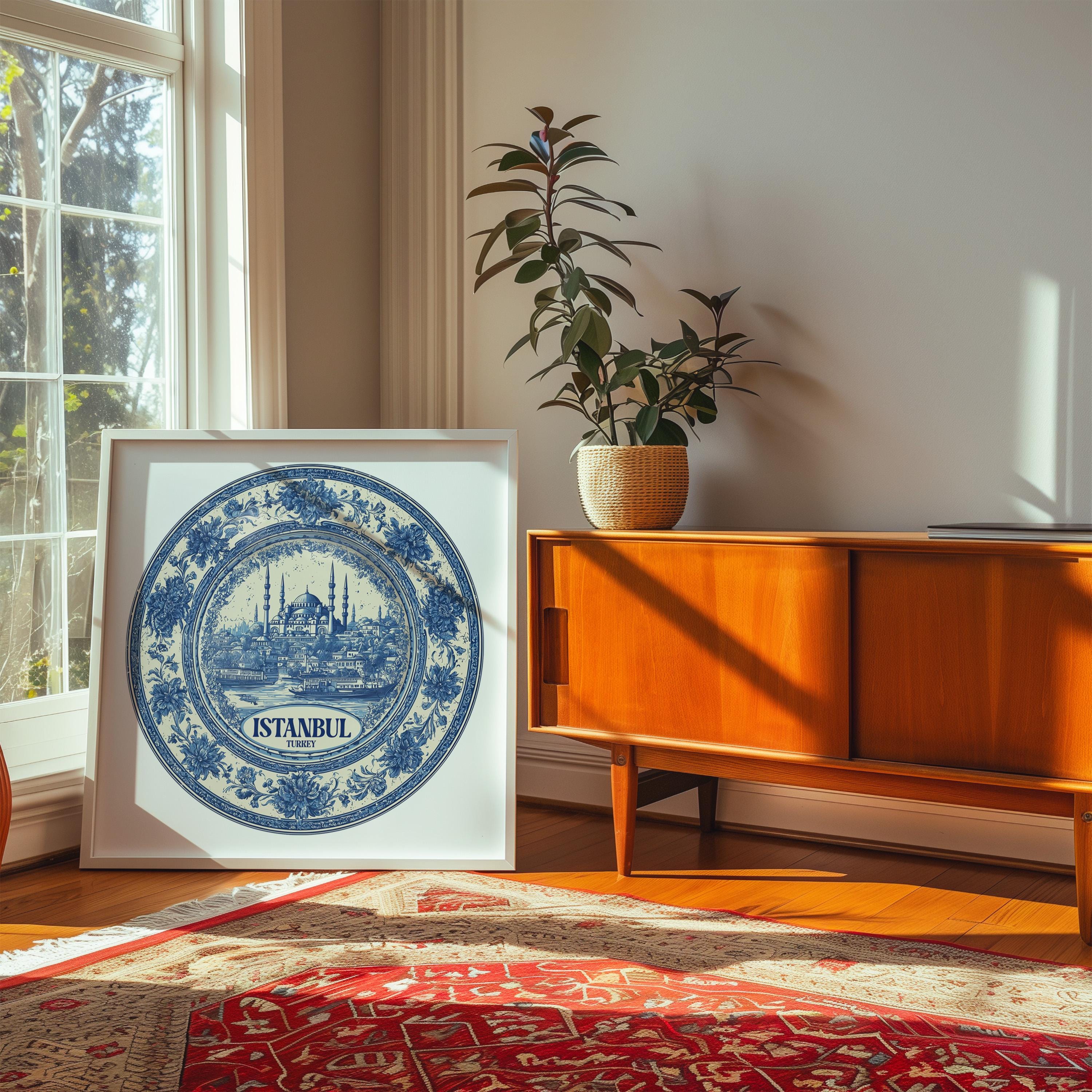 Istanbul Turkey Wall Art, Vintage Delft Blue Poster, City Print, Travel Home Decor