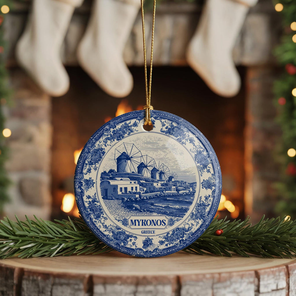 Custom Mykonos Greece Ceramic Delft Ornament, Christmas Delftware Blue Delftware city travel