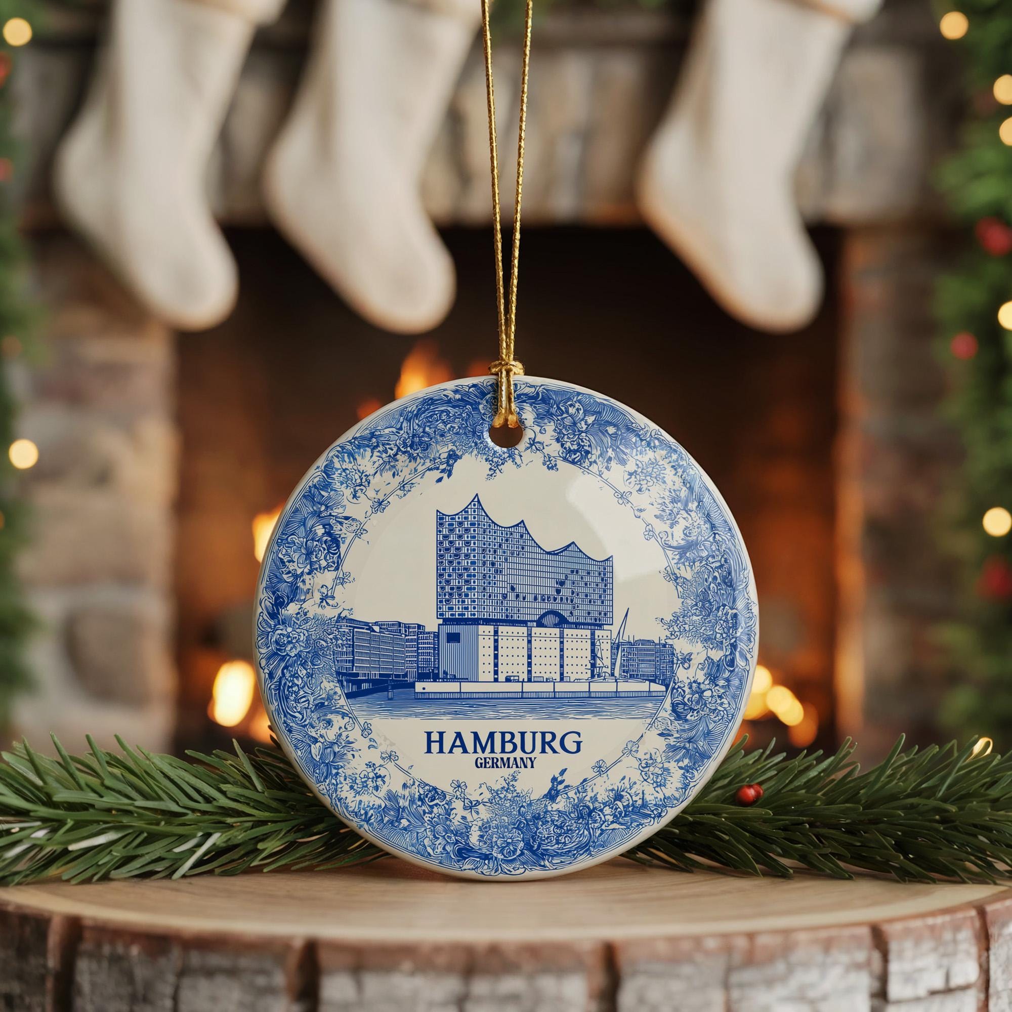 Custom Hamburg Germany Ceramic Delft Ornament, Christmas Delftware Blue Delftware city travel