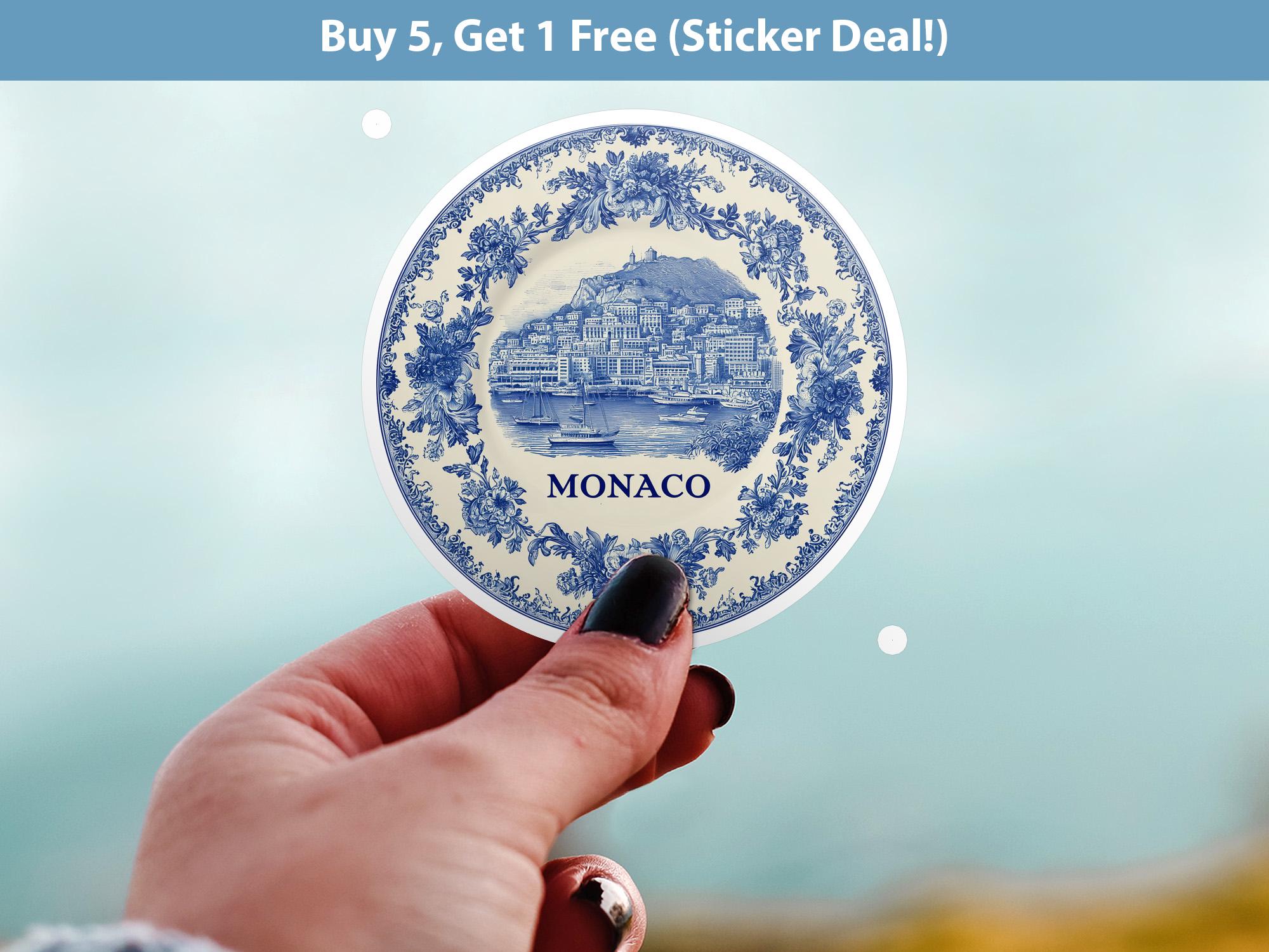Monaco Sticker Vintage Delft style, Delftware Decal Waterproof Vinyl, Blue City Travel