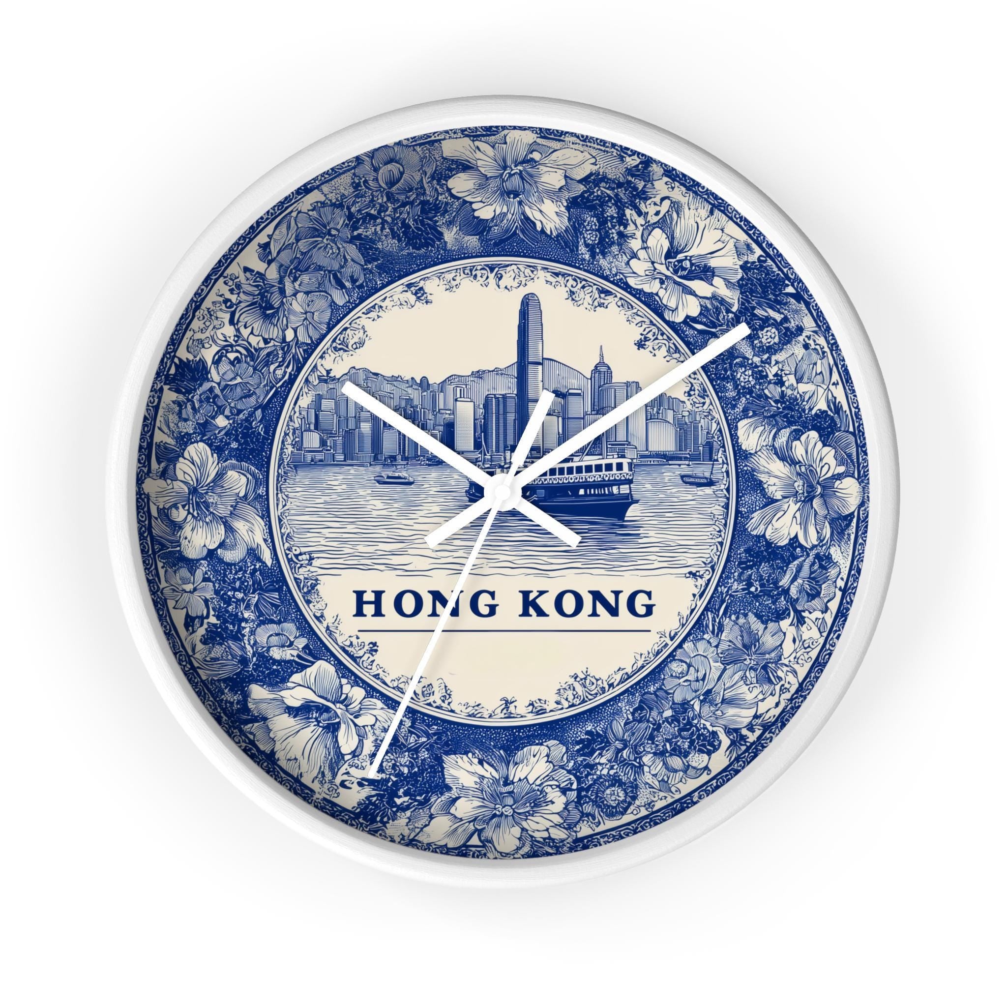 Hong Kong Wall Clock, Delf style Home Decor, Vintage City Travel Keepsake Art