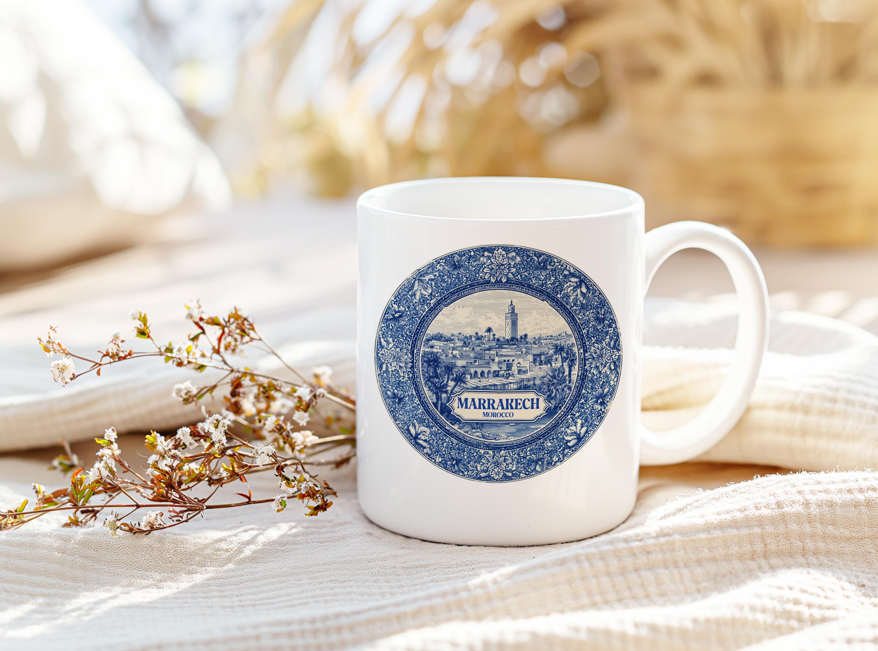 Marrakech Morocco Mug, Custom Delft Style cup, Personalized Vintage Travel City Gift