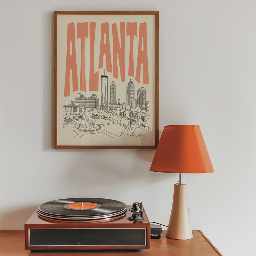 Atlanta Skyline Wall Art, Framed Canvas Print, Retro City Line Art Decor