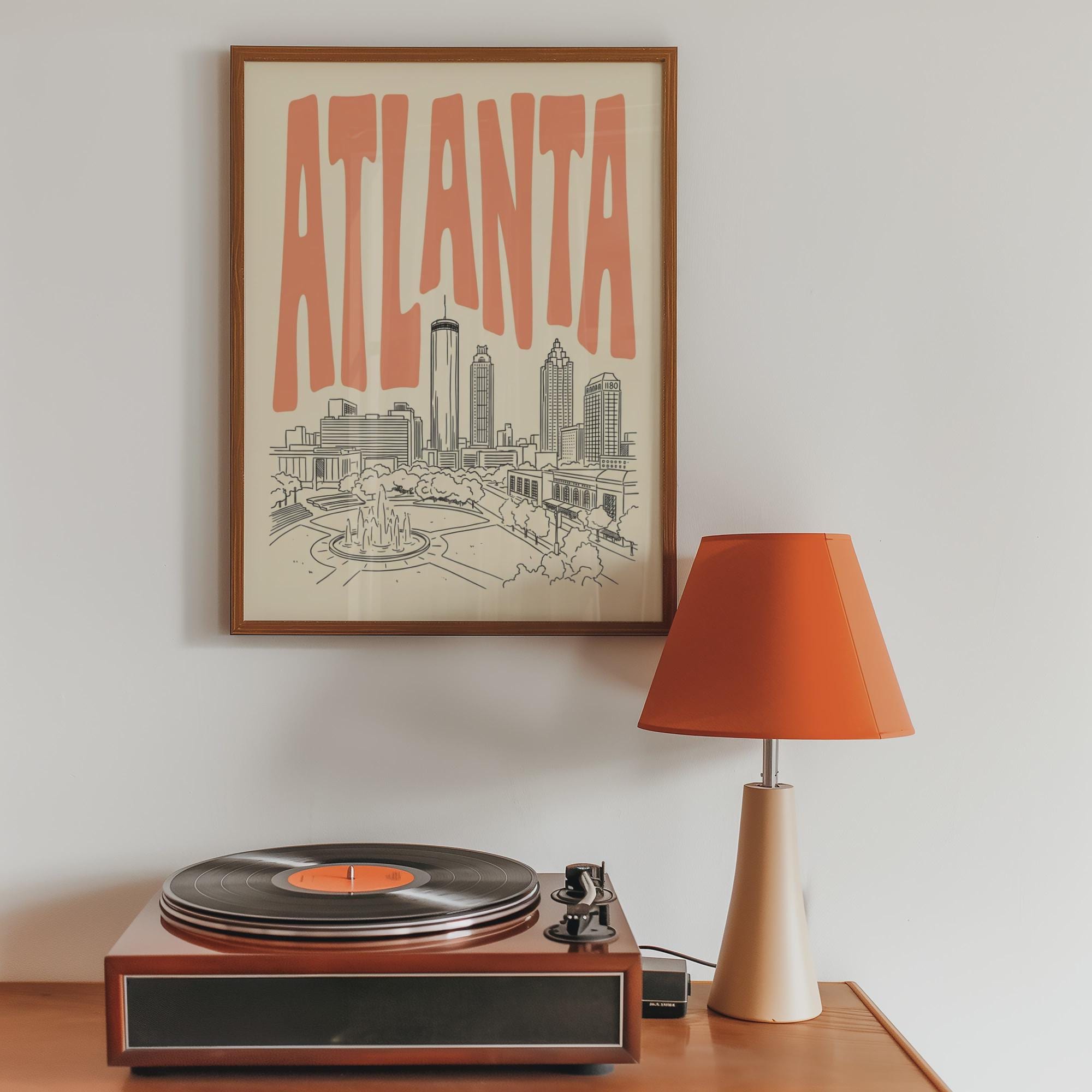 Atlanta Skyline Wall Art, Framed Canvas Print, Retro City Line Art Decor
