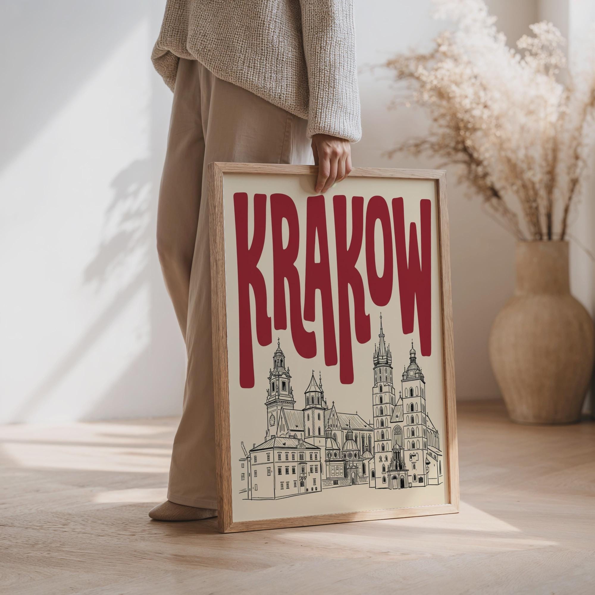 Krakow Poland Skyline Wall Art, Framed Canvas Print, Minimalist Line Art Decor