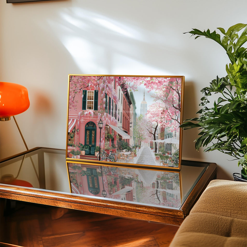 New York Spring Wall Art, Cherry Blossom Floral Empire State Travel Gift Decor Print