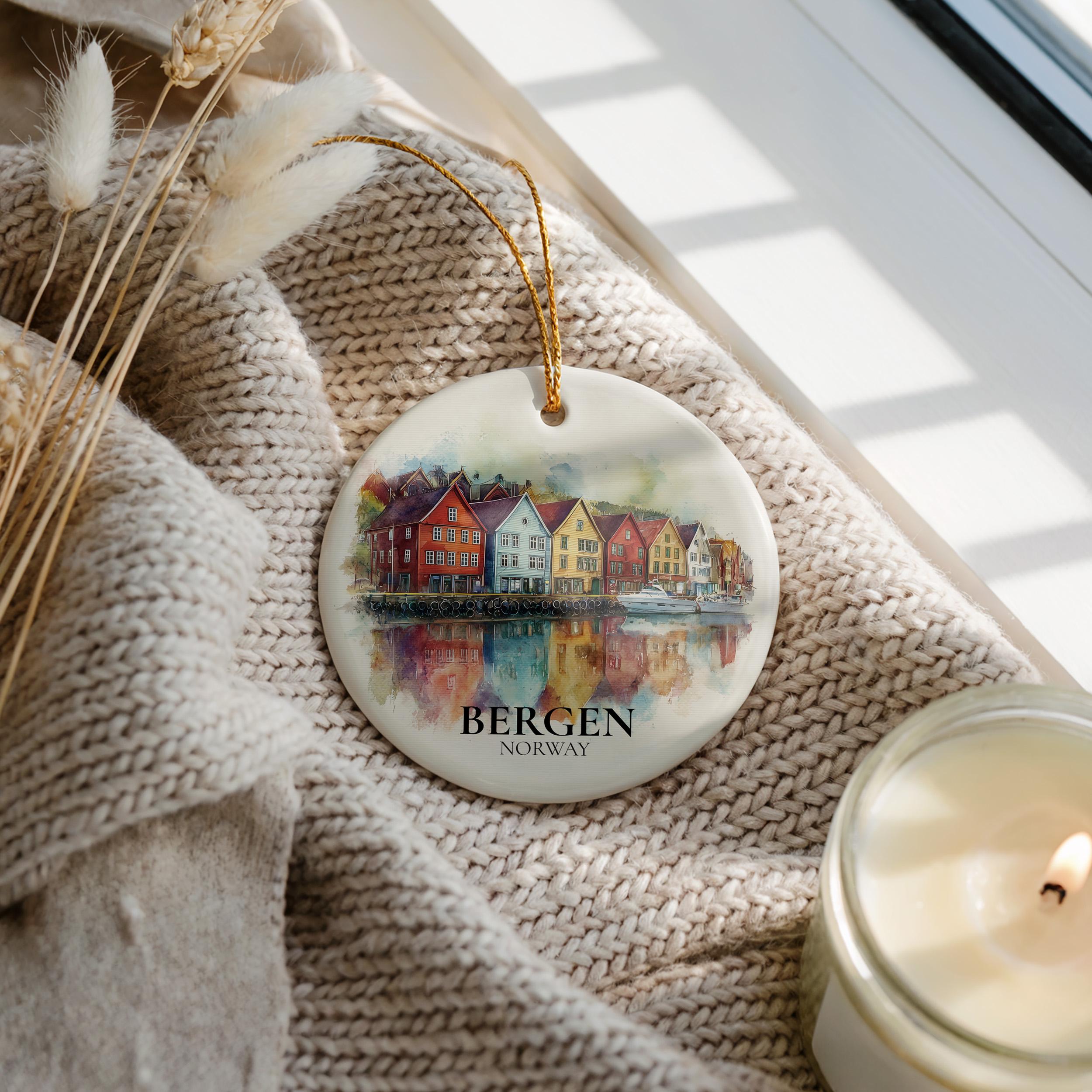 Bergen Norway Personalized Watercolor Ornament, Custom Ceramic Christmas gift, Travel Keepsake