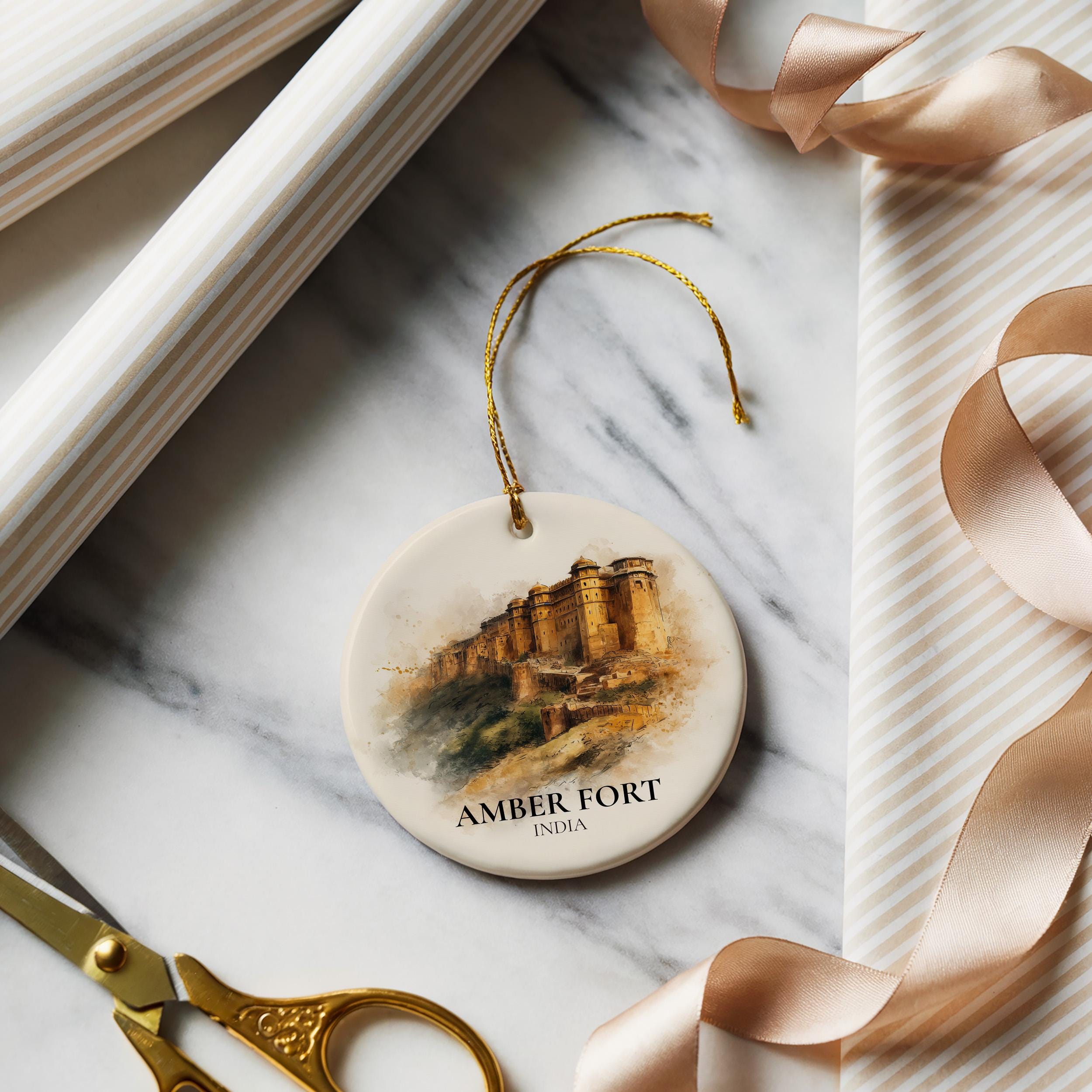 Amber Fort India Personalized Watercolor Ornament, Custom Ceramic Christmas gift, Travel Keepsake