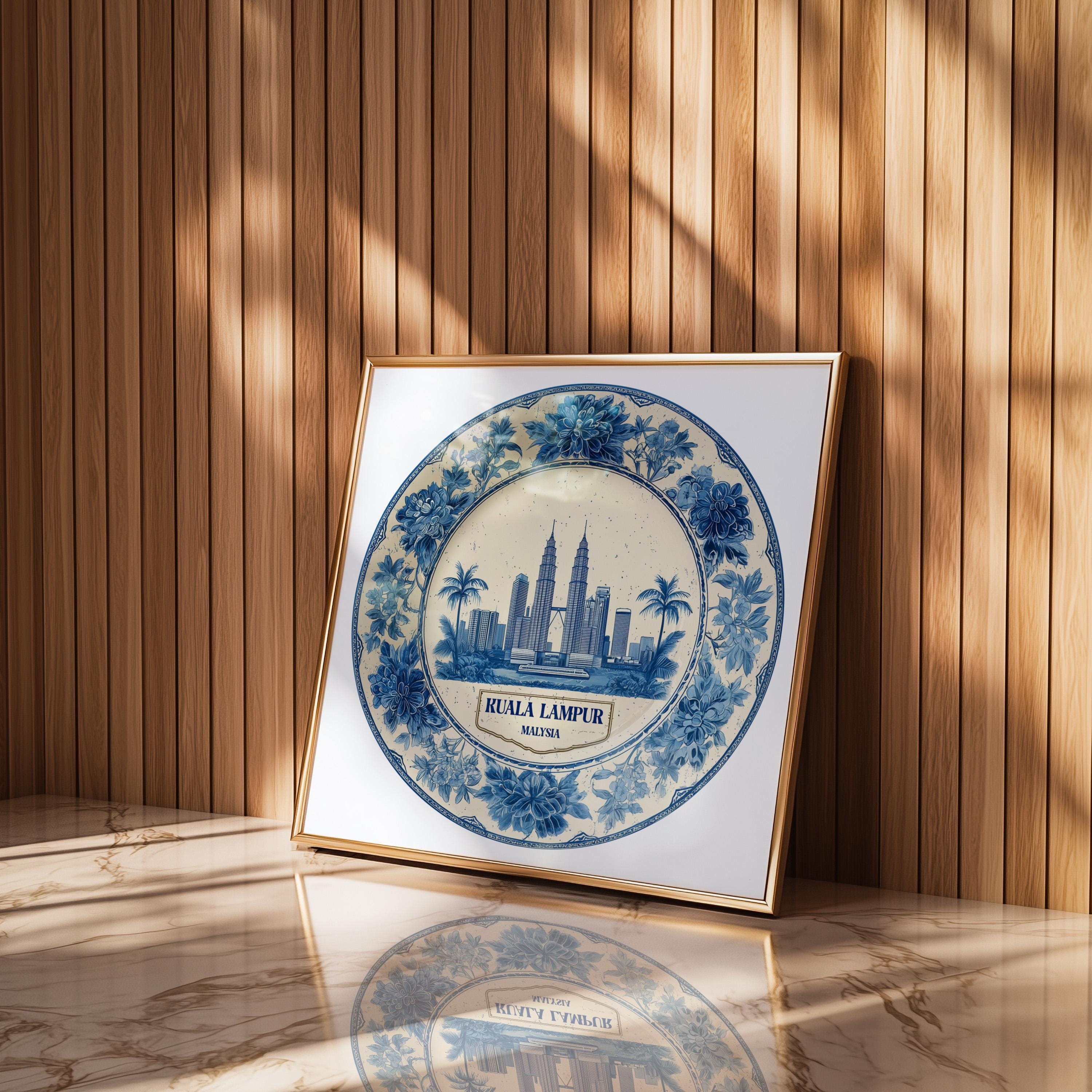 Kuala Lumpur Malaysia Wall Art, Vintage Delft Blue Poster, City Print, Travel Home Decor