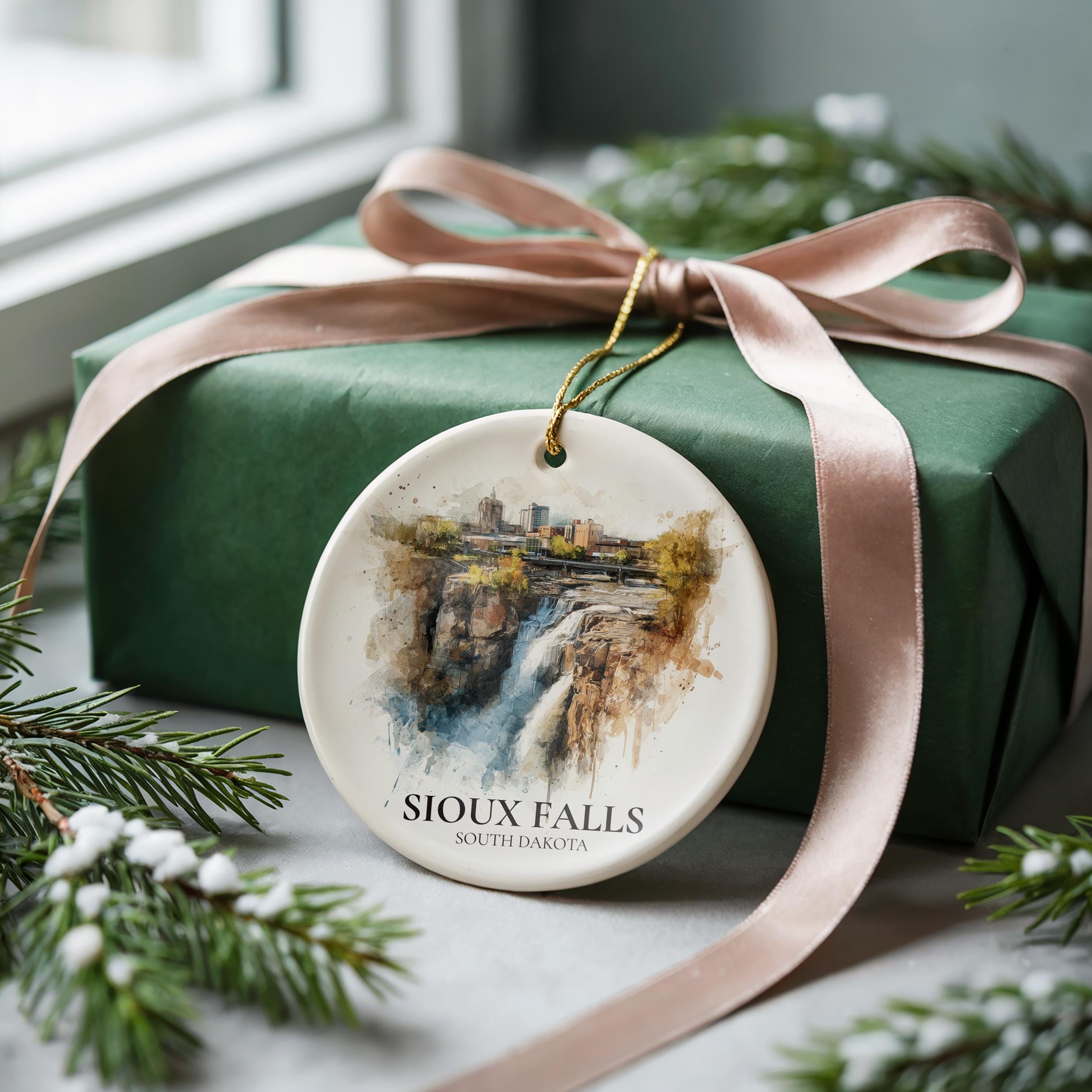 Sioux Falls South Dakota Personalized Watercolor Ornament, Custom Ceramic Christmas gift, Travel Keepsake
