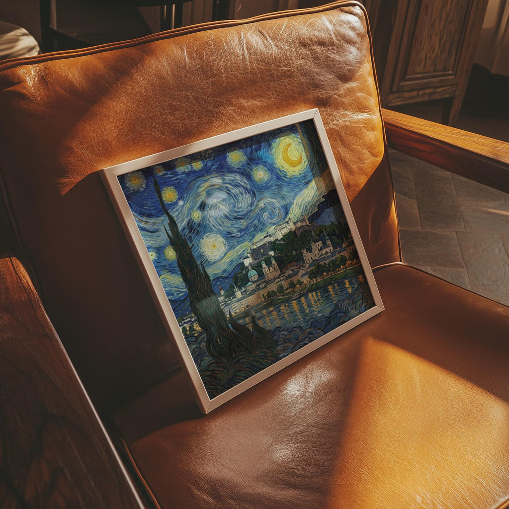 Salzburg Starry Night Wall Art, Van Gogh Style Framed Canvas, Austria City Print