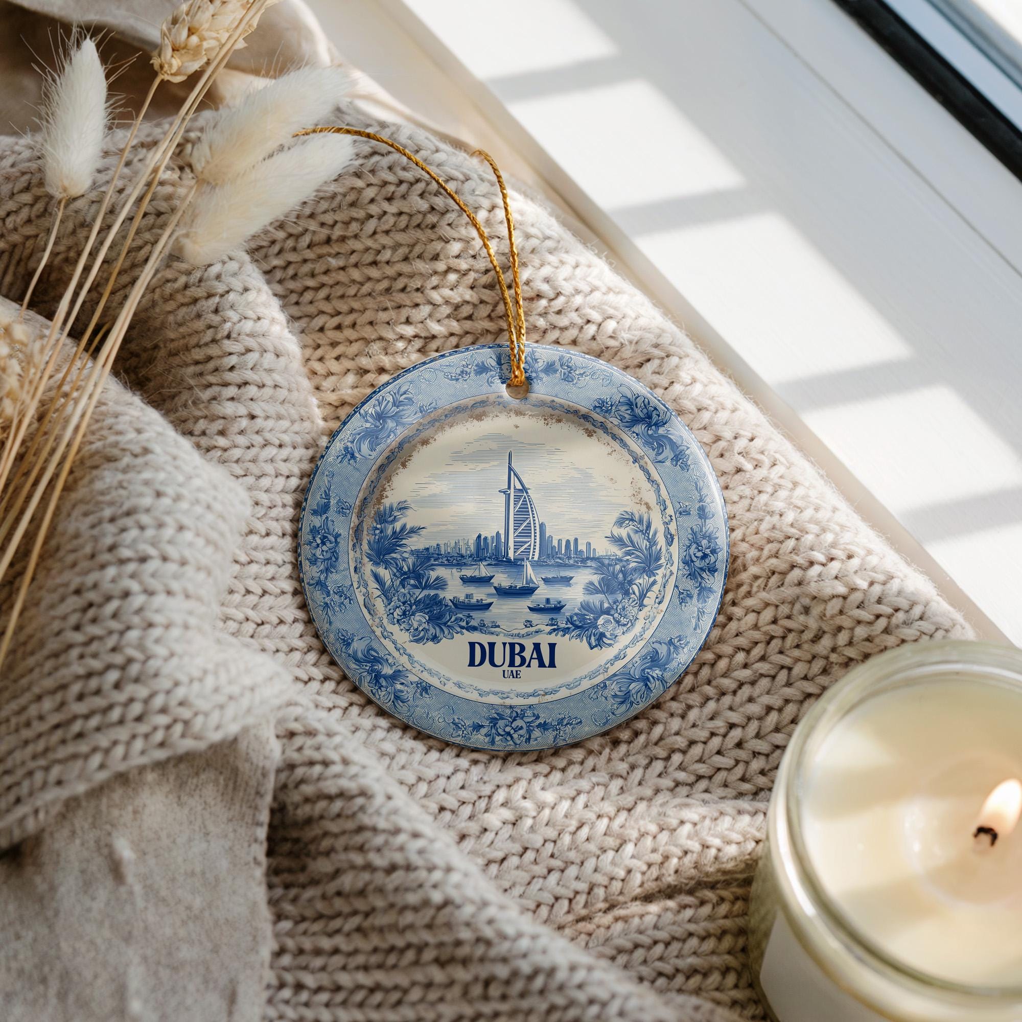 Custom Dubai UAE Ceramic Delft Ornament, Christmas Delftware Blue Delftware city travel