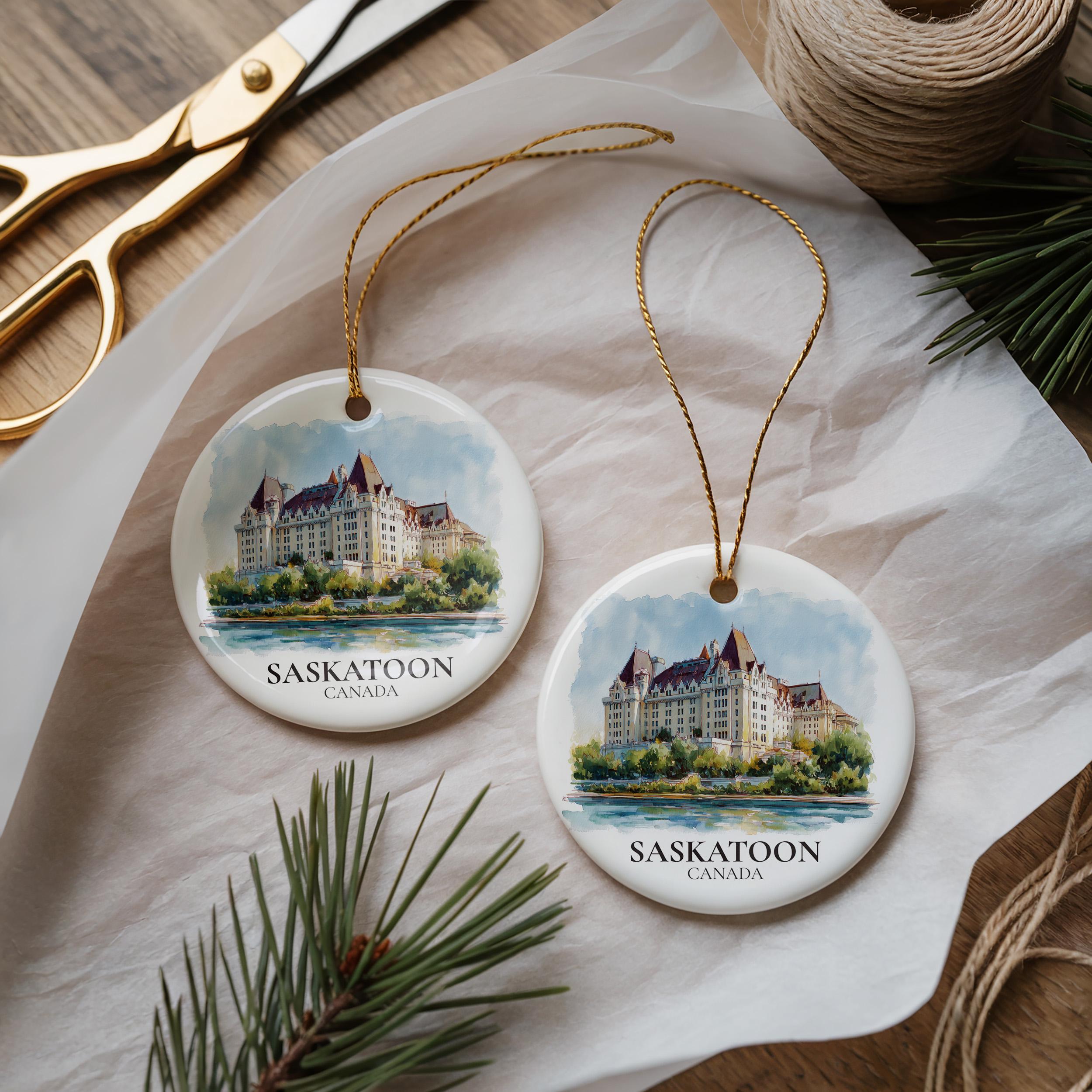 Saskatoon Saskatchewan Personalized Watercolor Ornament, Custom Ceramic Christmas gift, Travel Keepsake