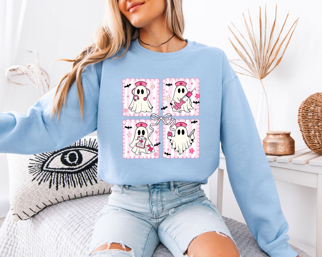Cute Nurse Halloween Sweatshirt Pink ghost, Halloween Gift for Nurse Medical Lab, Nurse Spooky , Nurse Halloween Boo Boo Crew