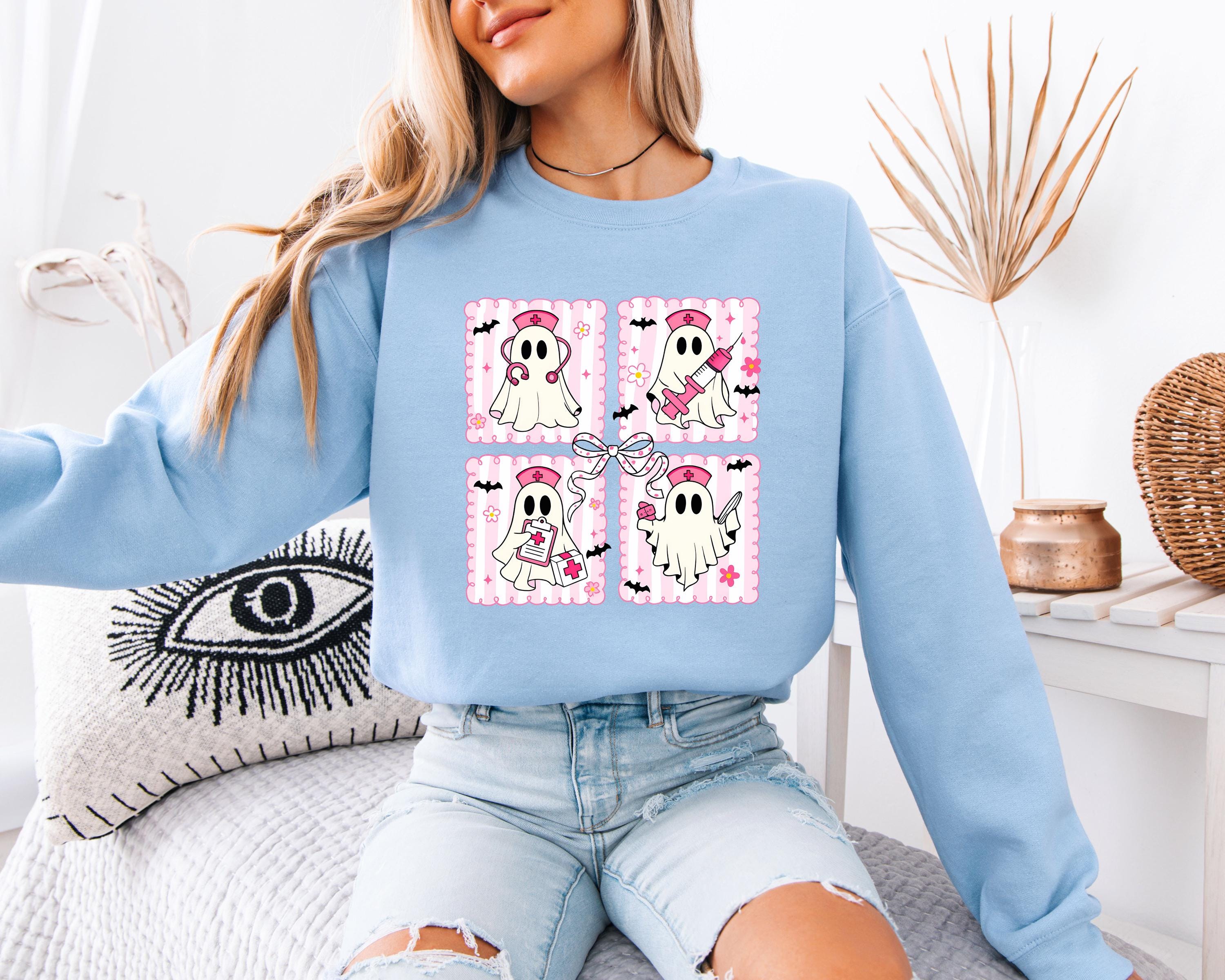 Cute Nurse Halloween Sweatshirt Pink ghost, Halloween Gift for Nurse Medical Lab, Nurse Spooky , Nurse Halloween Boo Boo Crew