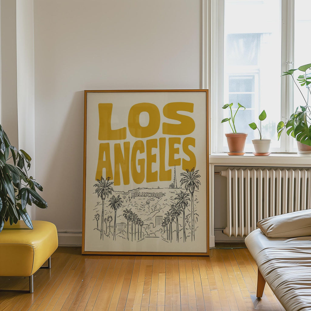 Los Angeles Wall Minimalist Art, Framed Canvas Print, California Skyline Retro City Decor