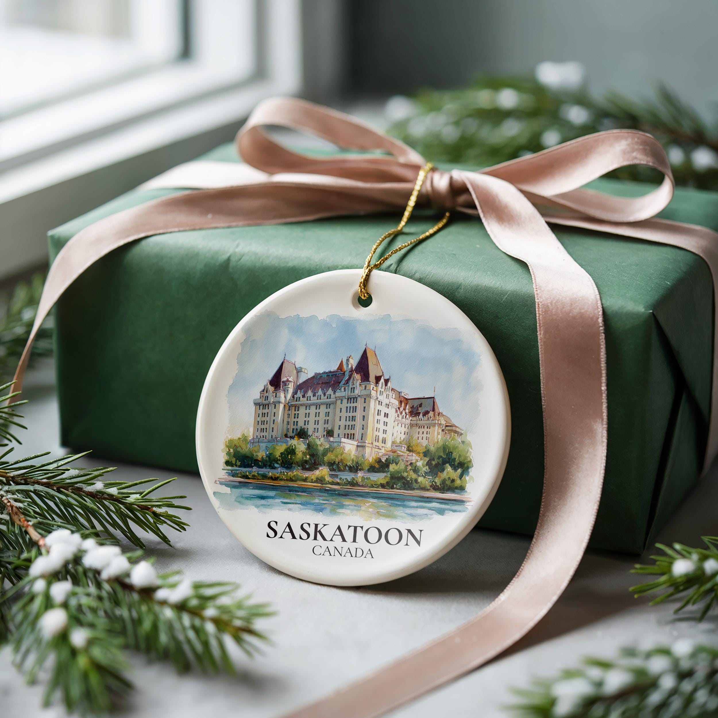 Saskatoon Saskatchewan Personalized Watercolor Ornament, Custom Ceramic Christmas gift, Travel Keepsake