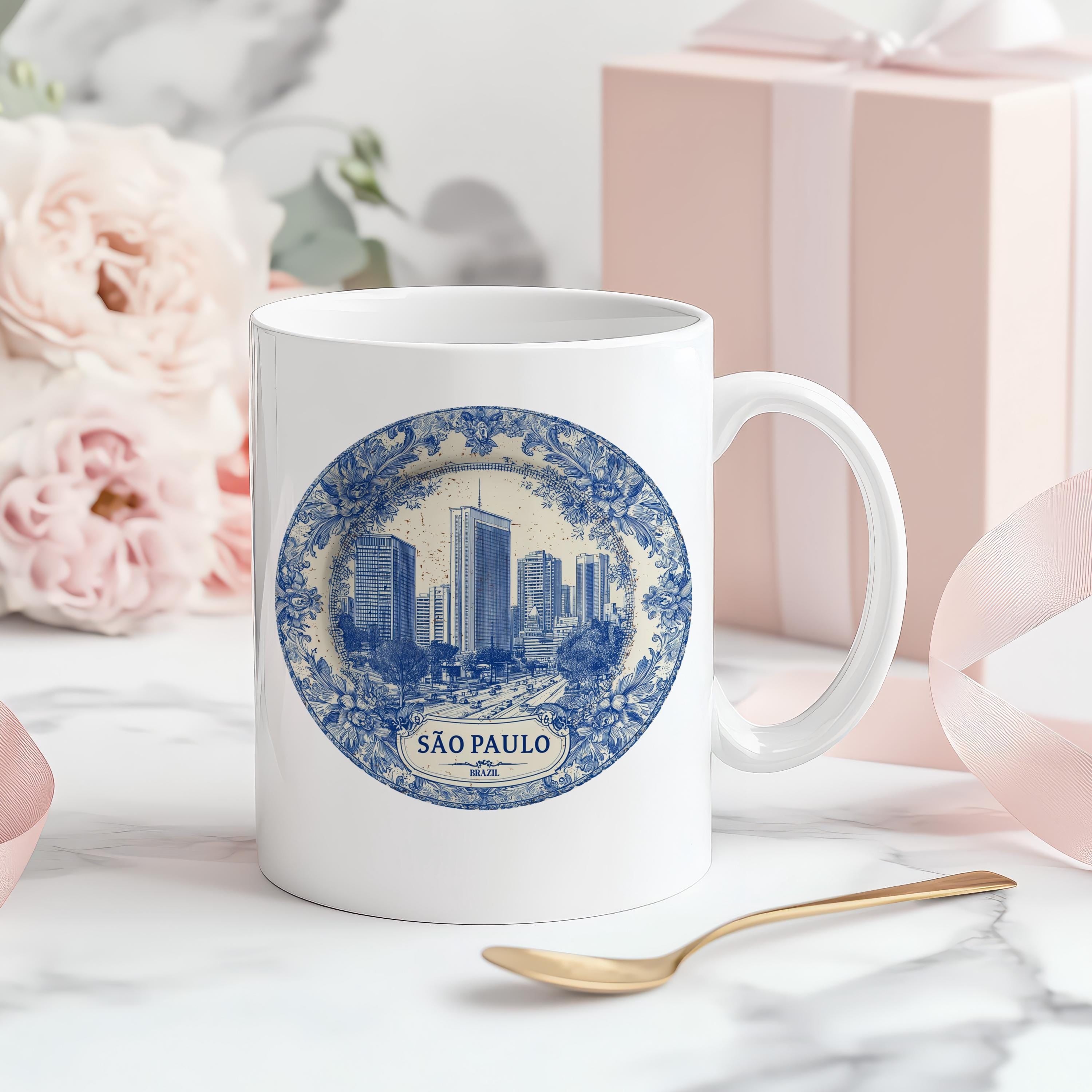 Sao Paulo Brazil Mug, Custom Delft Style cup, Personalized Vintage Travel City Gift