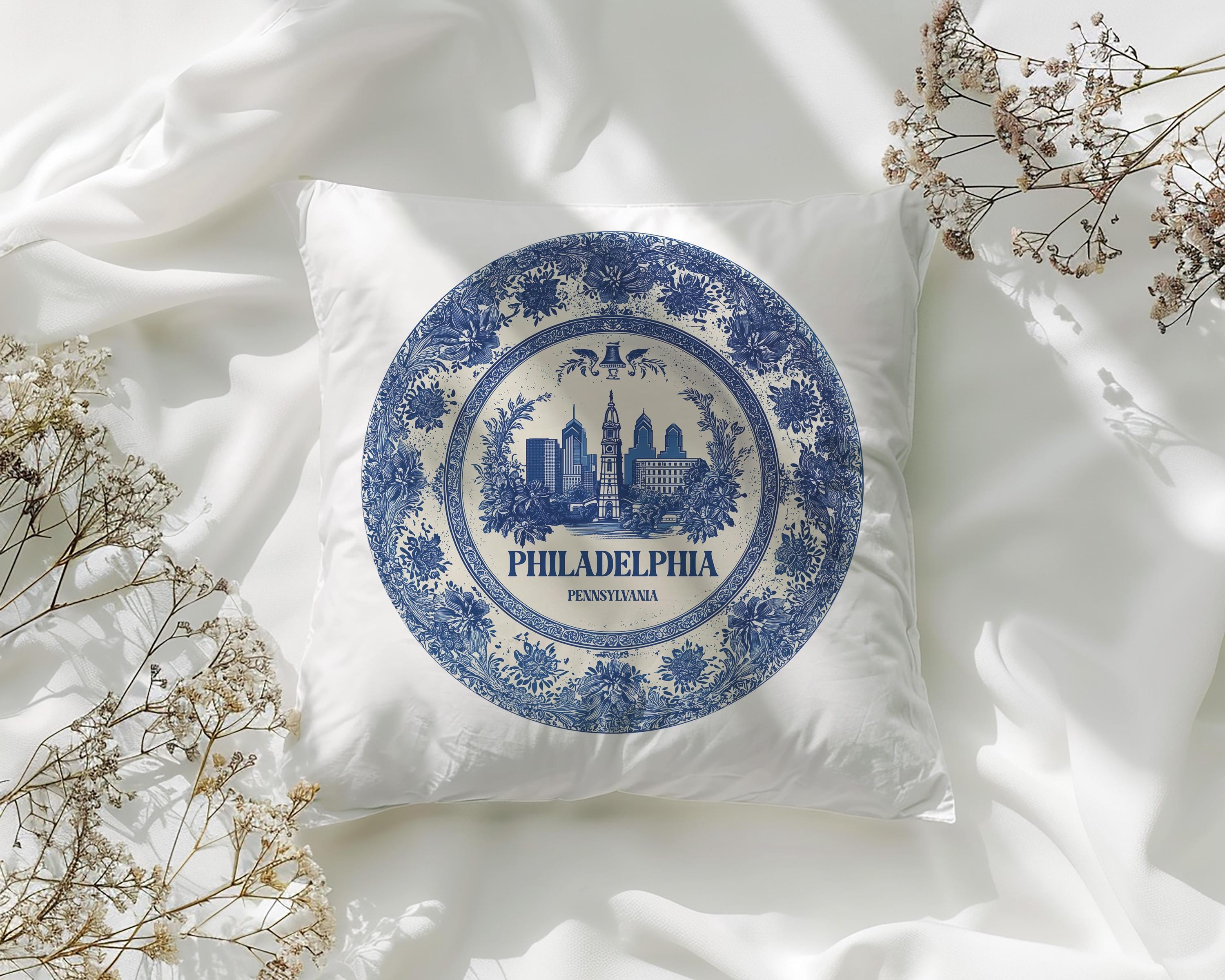 Philadelphia Pennsylvania Pillowcase, Delft Style Decorative Throw Pillow, Vintage Cityscape Retro Home Decor