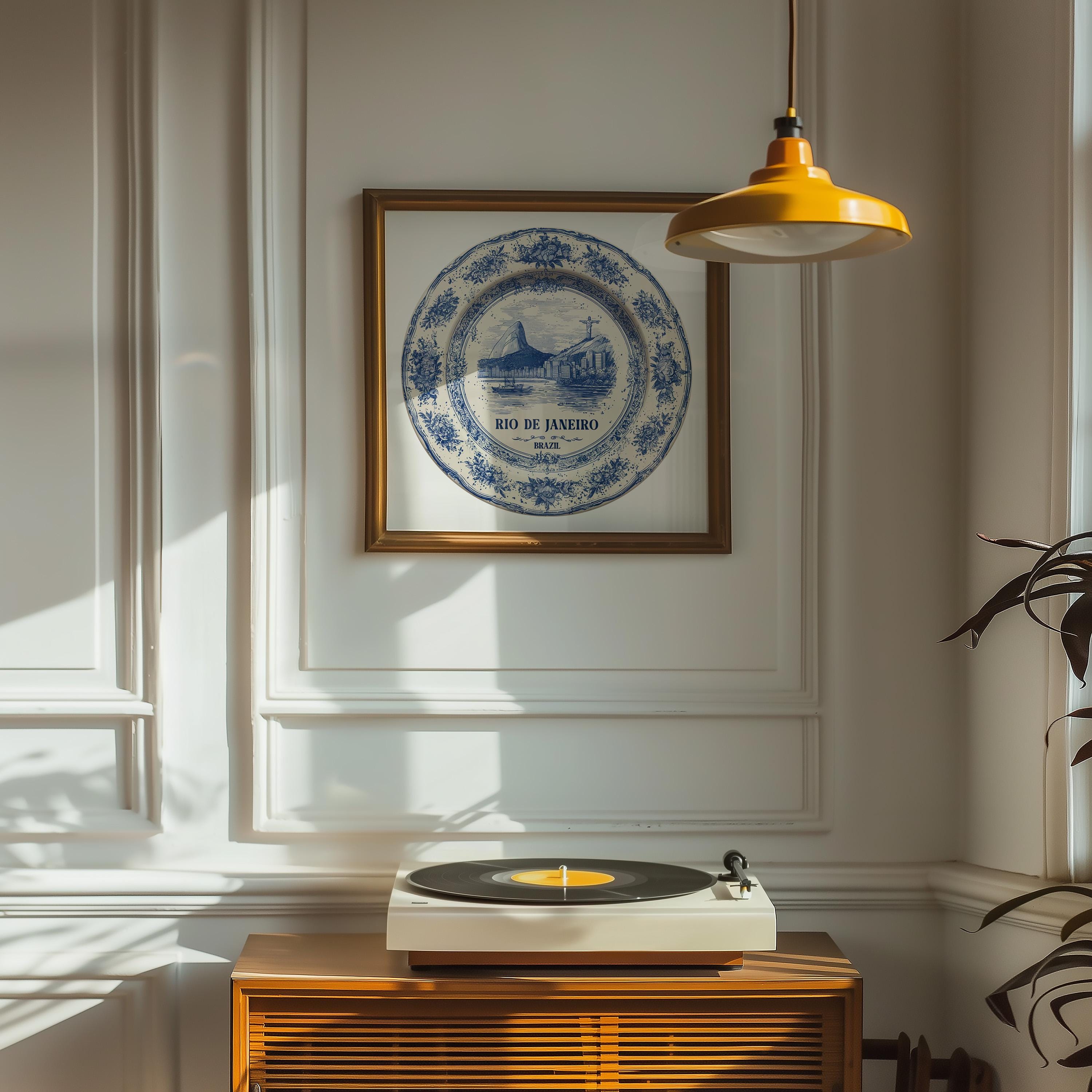 Rio Brazil Wall Art, Vintage Delft Blue Poster, City Print, Travel Home Decor