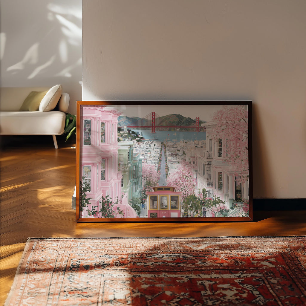 San Francisco Spring Wall Art, Cherry Blossom Floral Travel Gift Decor Large Print Painting