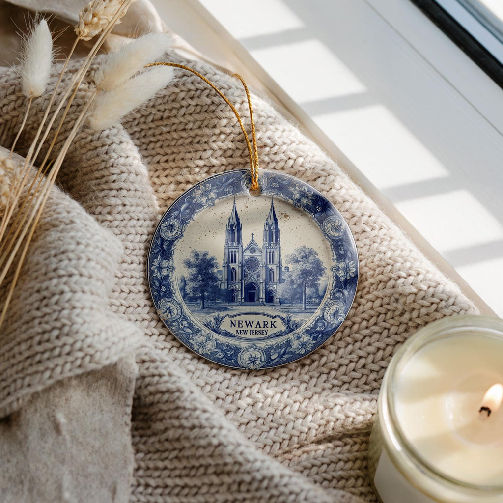 Custom Newark New Jersey Ceramic Delft Ornament, Christmas Delftware Blue Delftware city travel