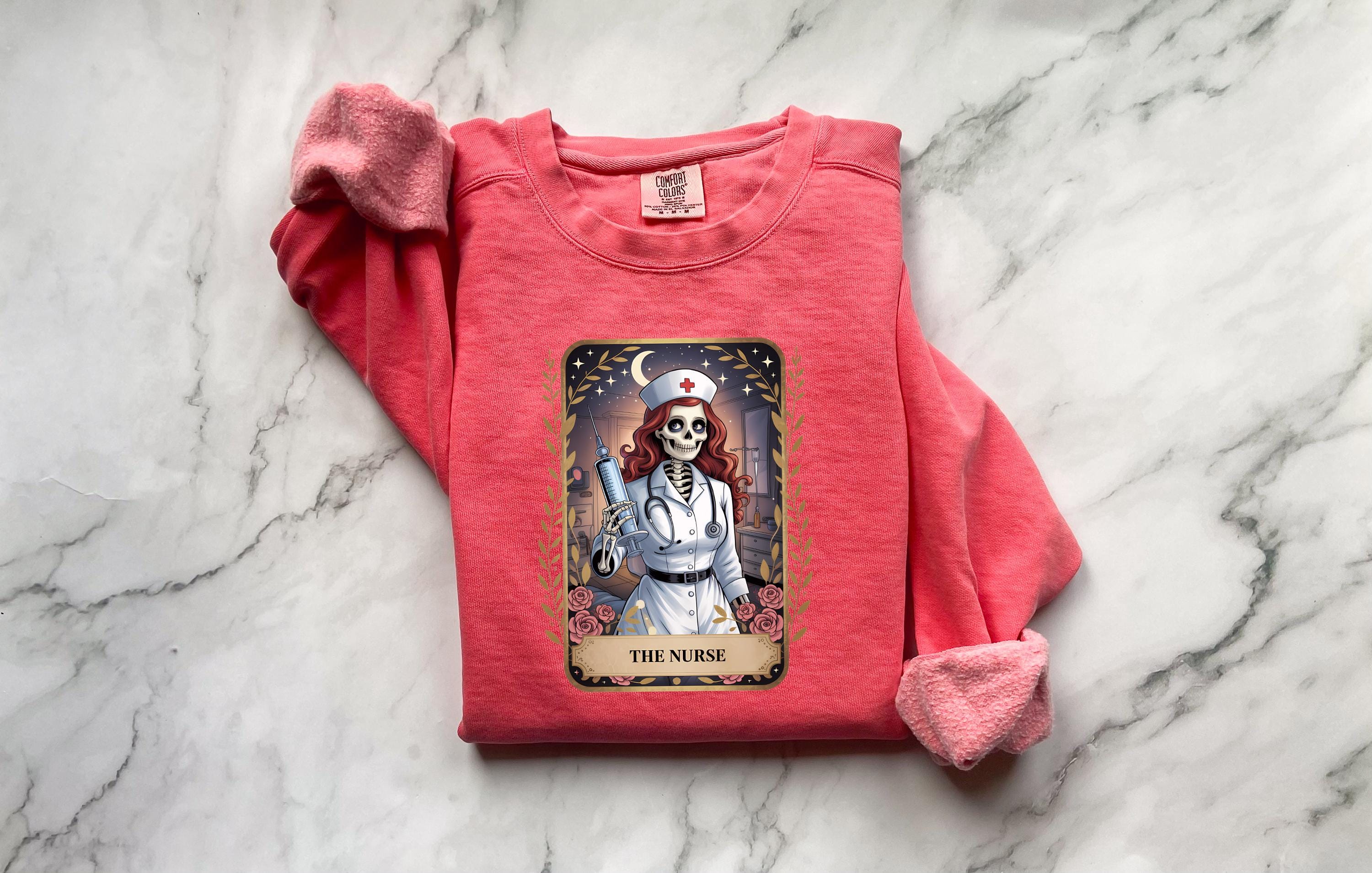 Skeleton Nurse Halloween Sweatshirt, Spooky Gothic Tarot Card Pullover, Creepy RN Medical Apparel, Retro Witchy Fall Top, Gift for Nurse